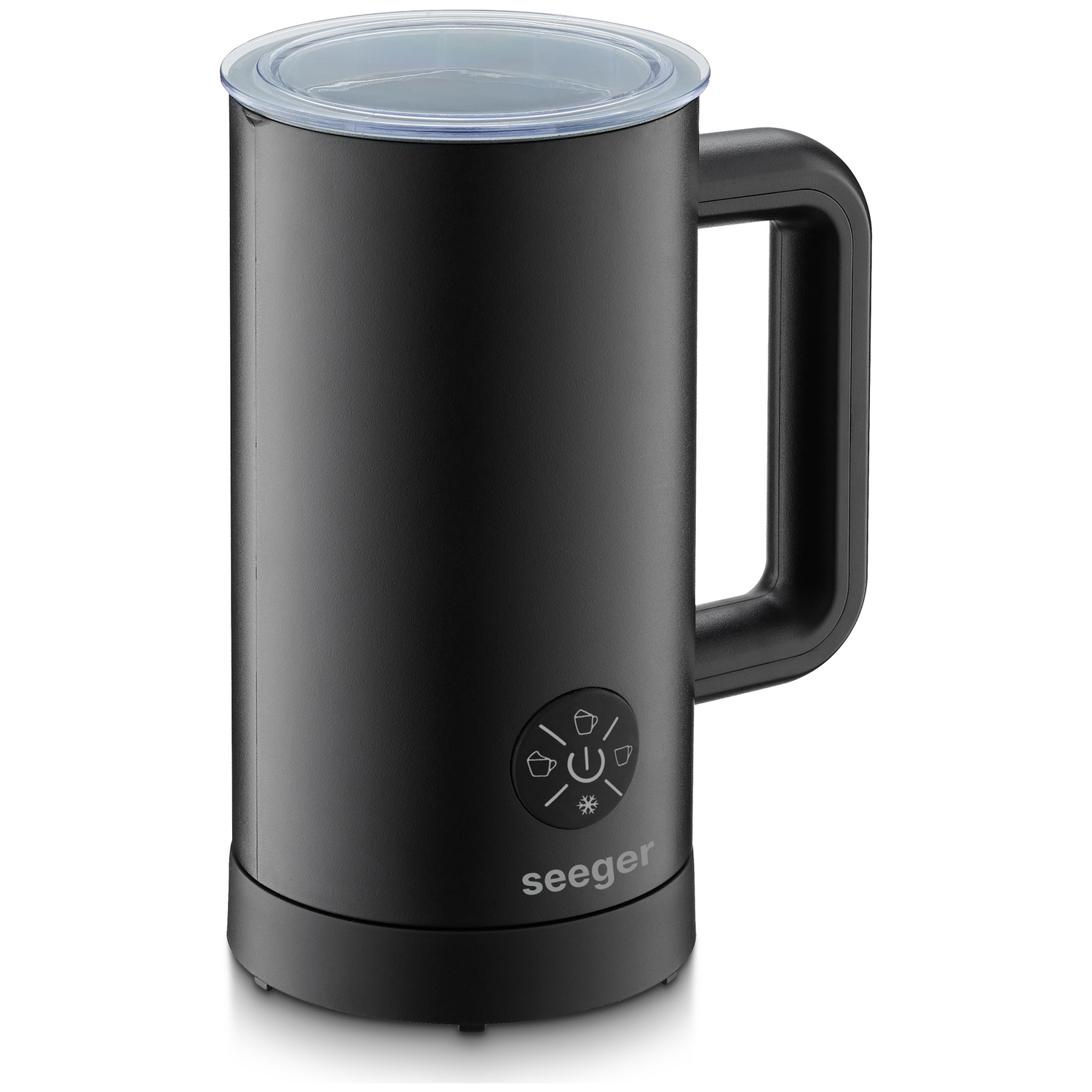 Black milk frother with handle and clear lid, control buttons on the front.