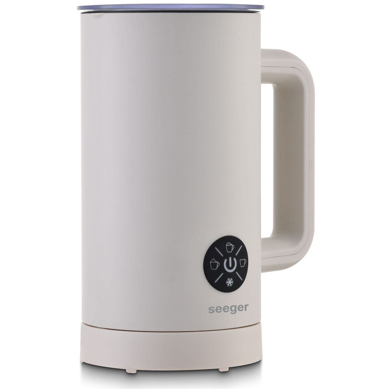 A cream-colored milk frother with a black control button and handle.