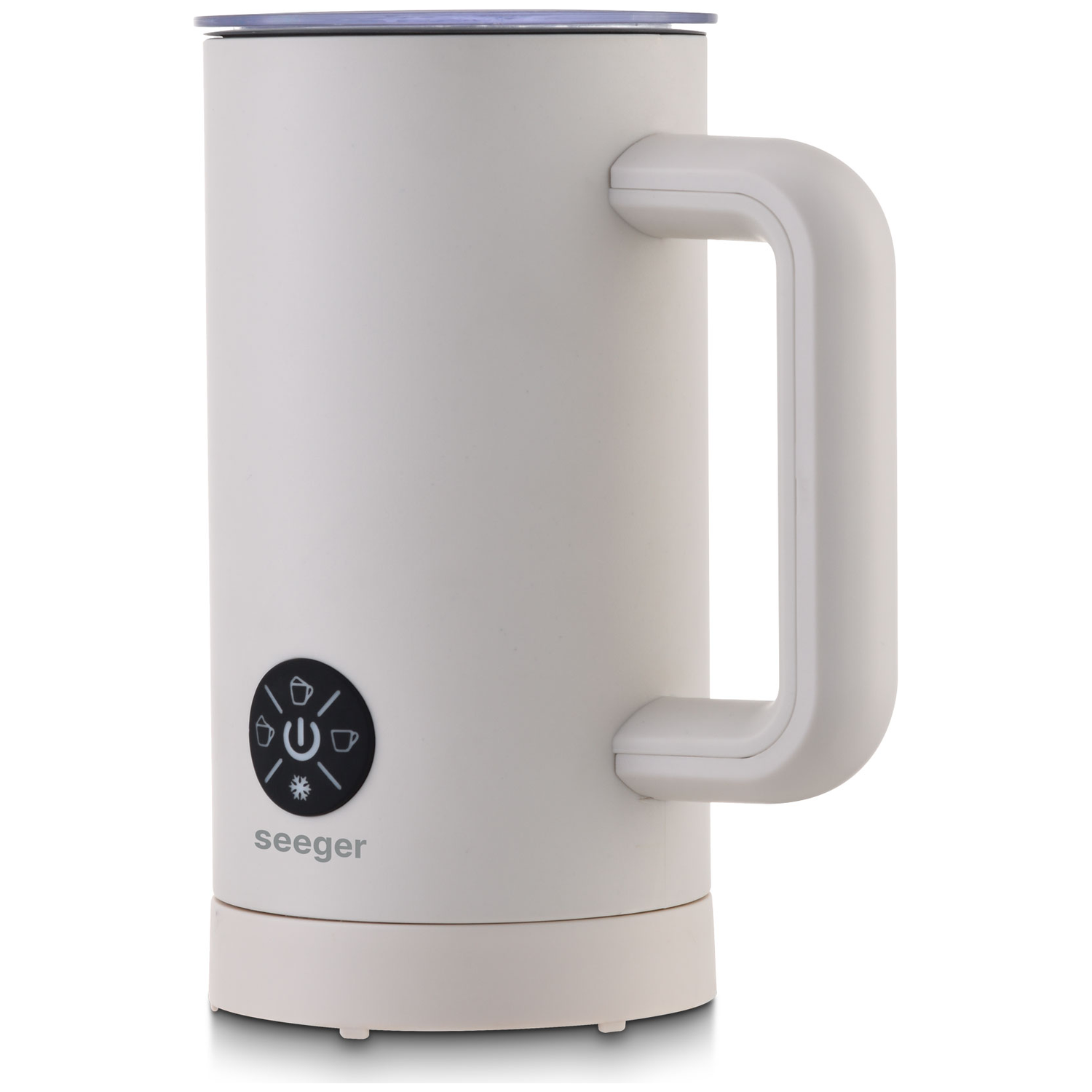 A white milk frother with a handle and control buttons with icons.