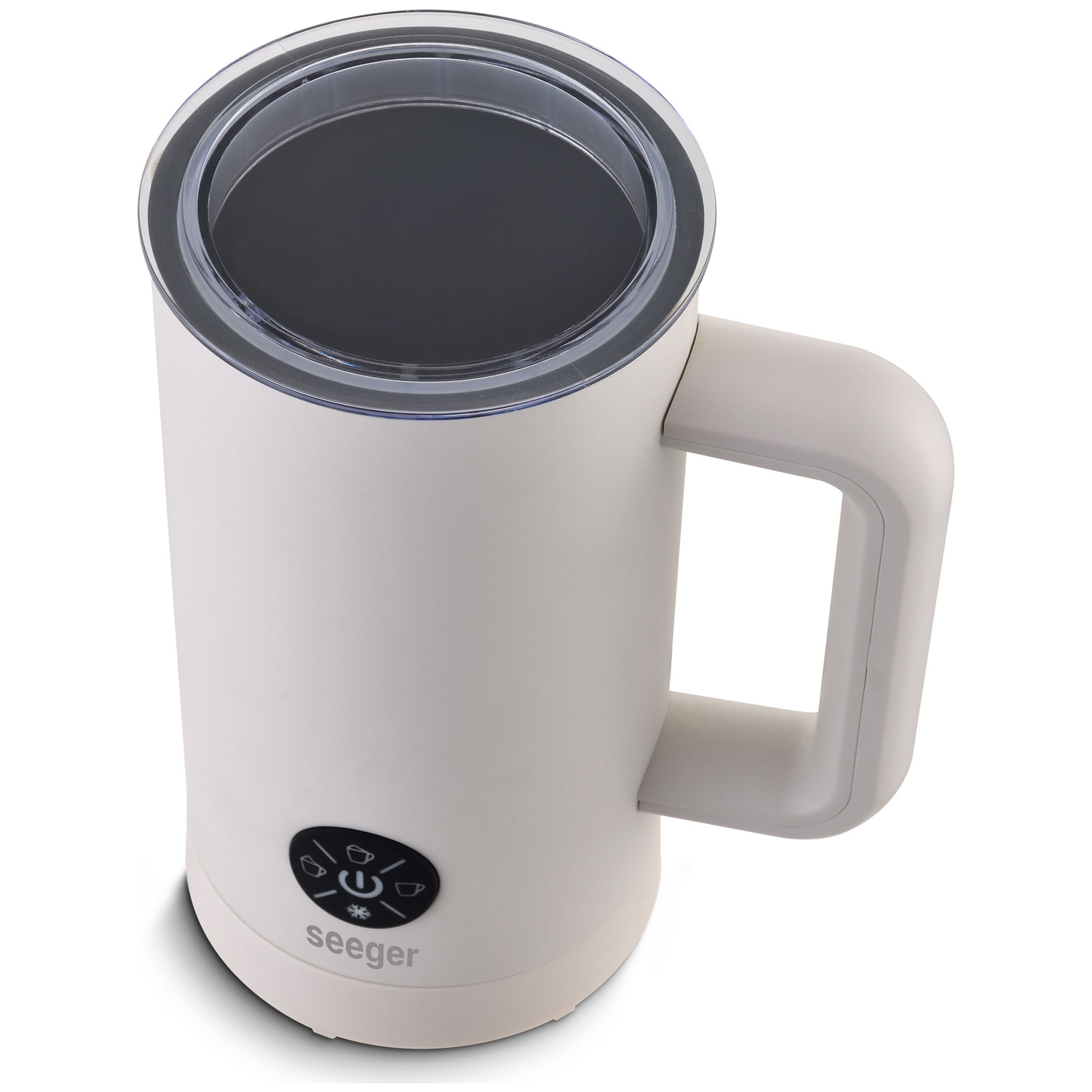A white milk frother with a clear lid and handle. Controls at the base.