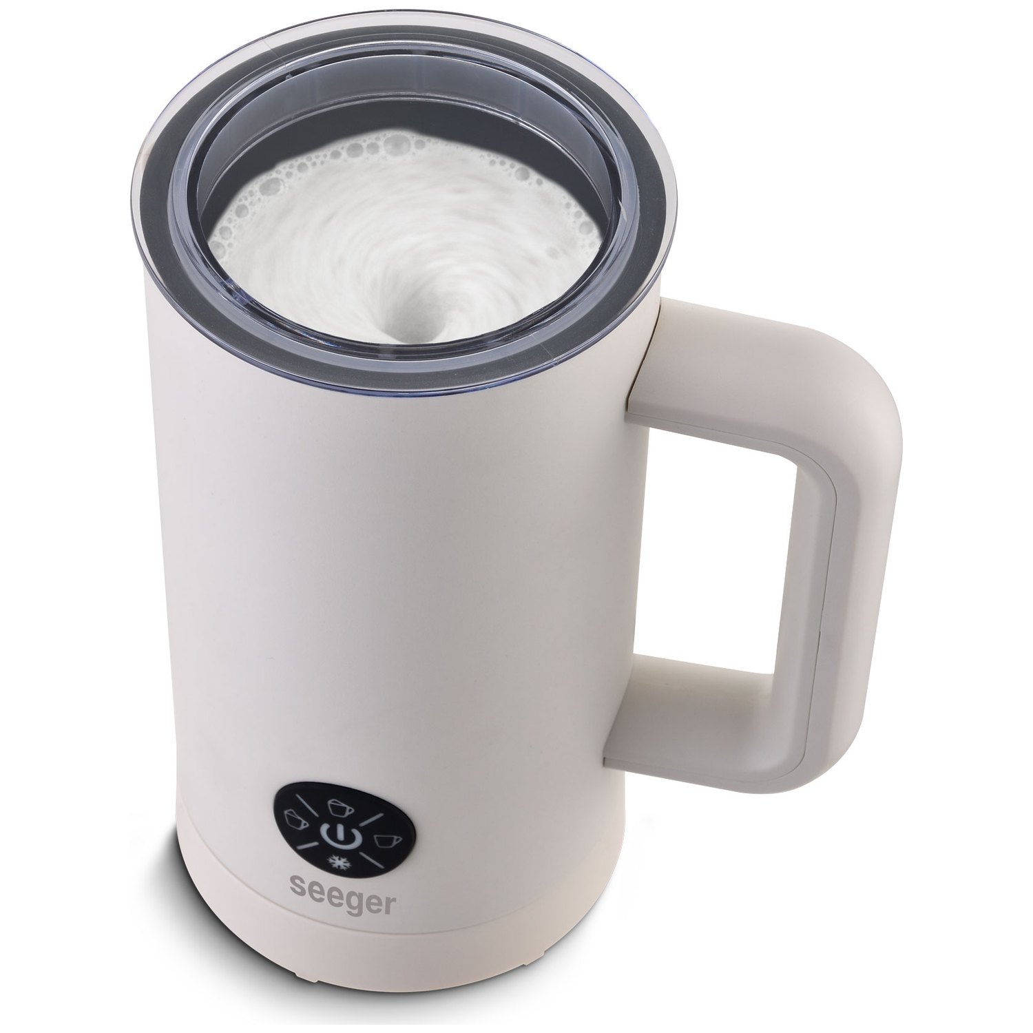 A white electric milk frother with a clear lid, frothing milk inside. It has a handle and control buttons.