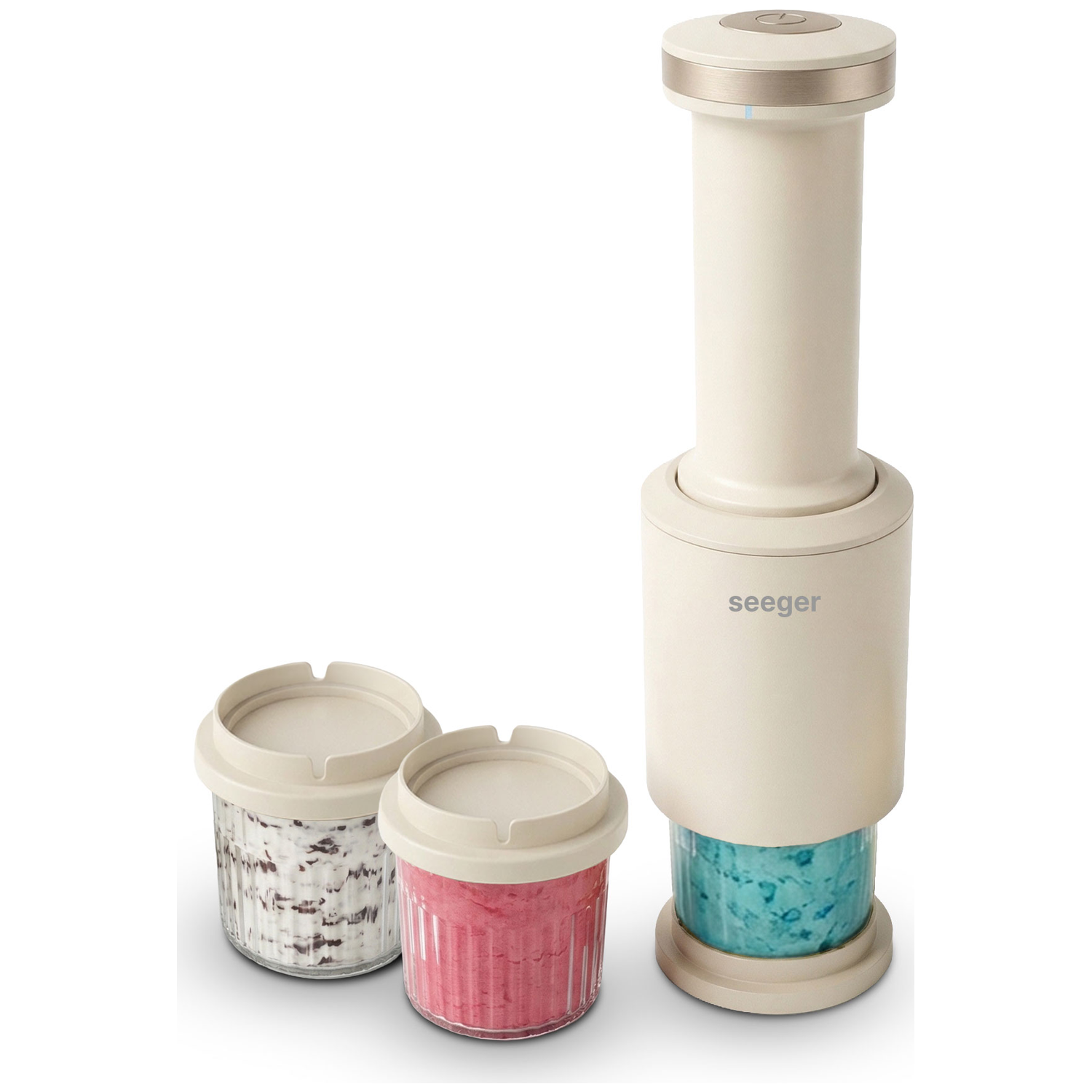 A beige Seeger kitchen appliance with three containers, two with ice cream, one with blue ice cream.