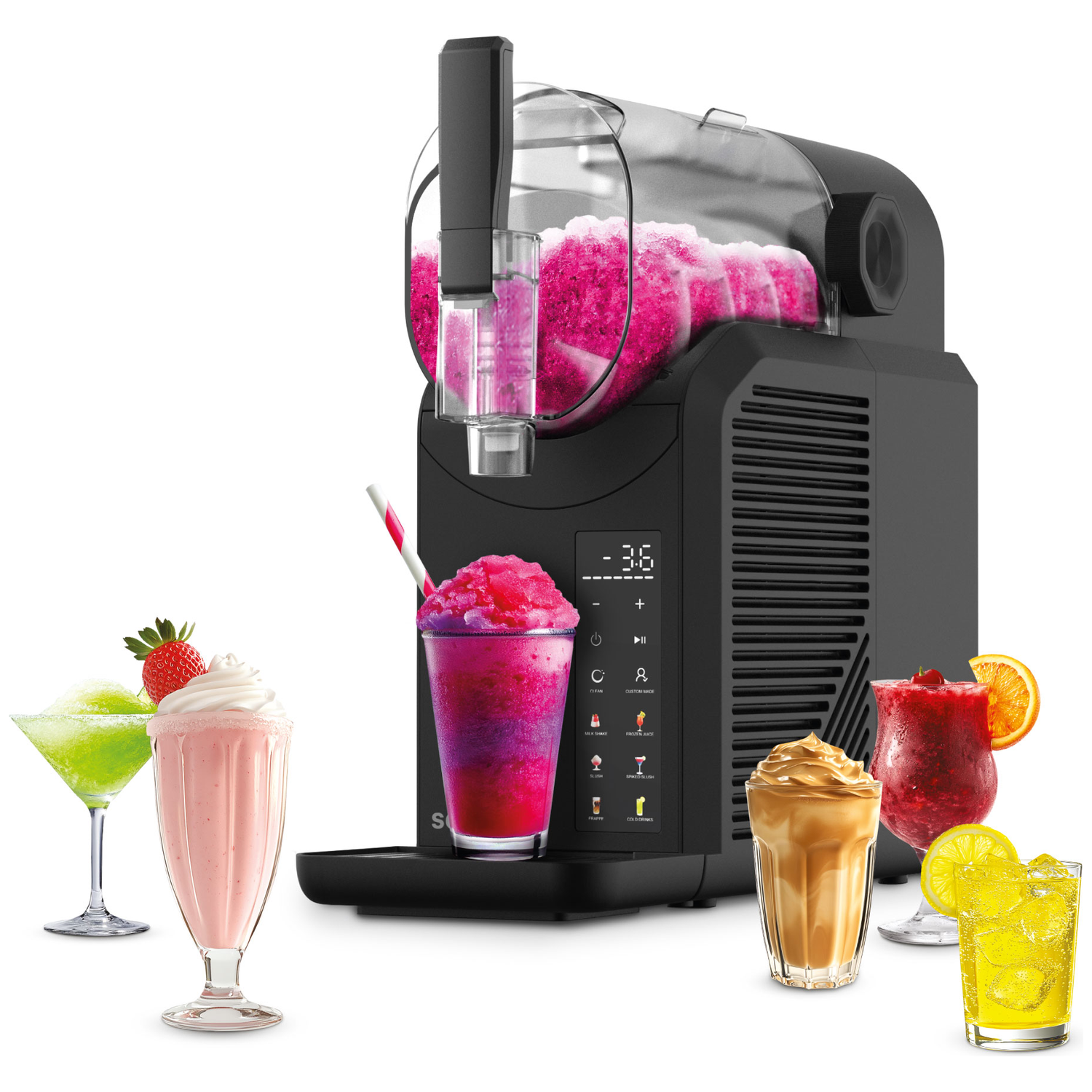 Black slush machine with various colorful drinks in front.