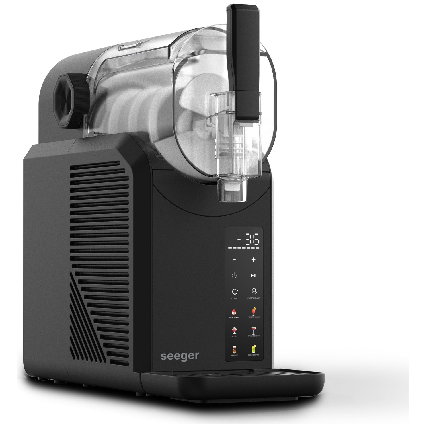 Black beverage machine with transparent container and digital display.