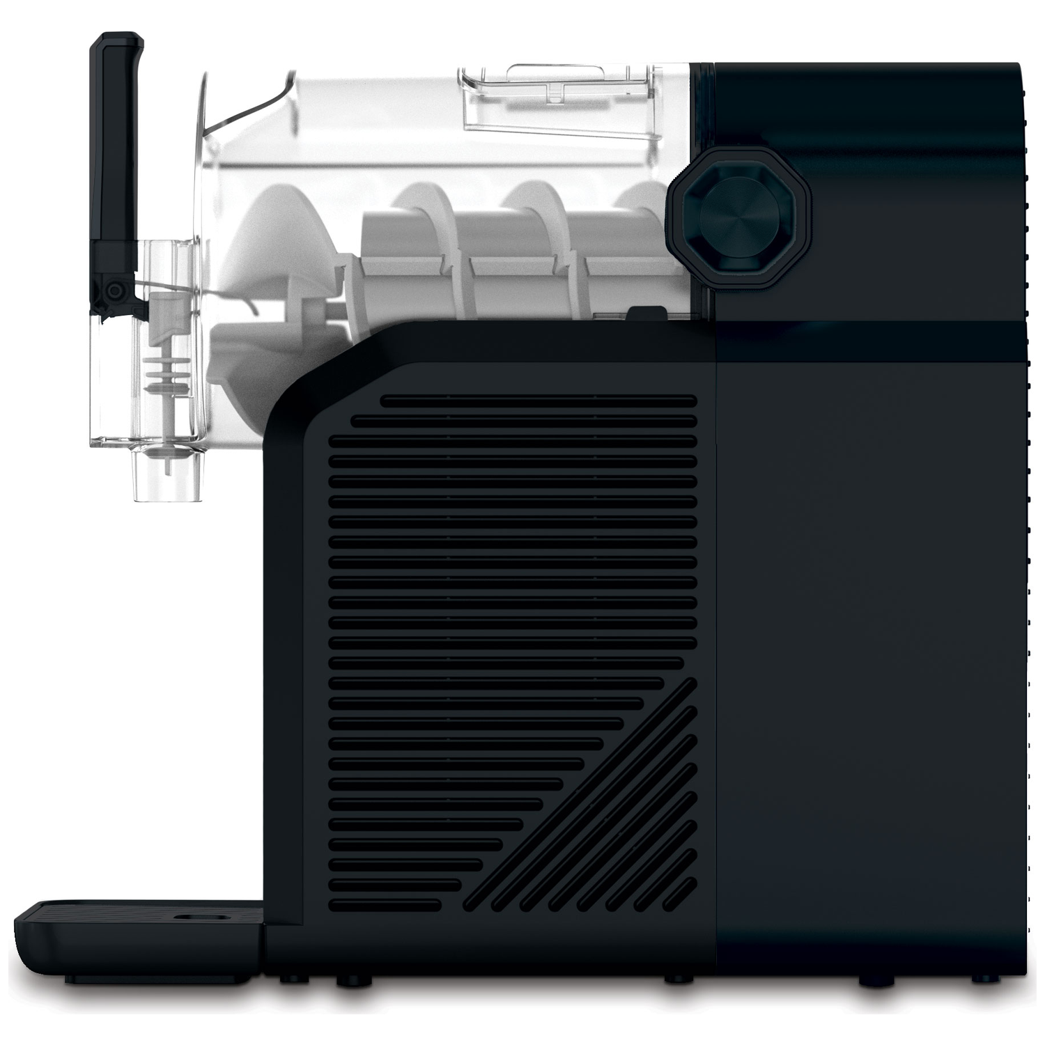 Black ice cream maker with a clear container and spiral mixer.