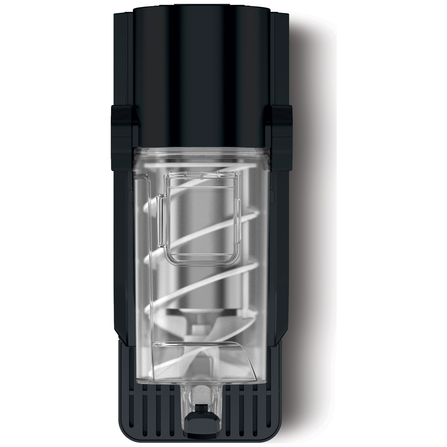 A black blender with a clear container and a silver spiral inside.