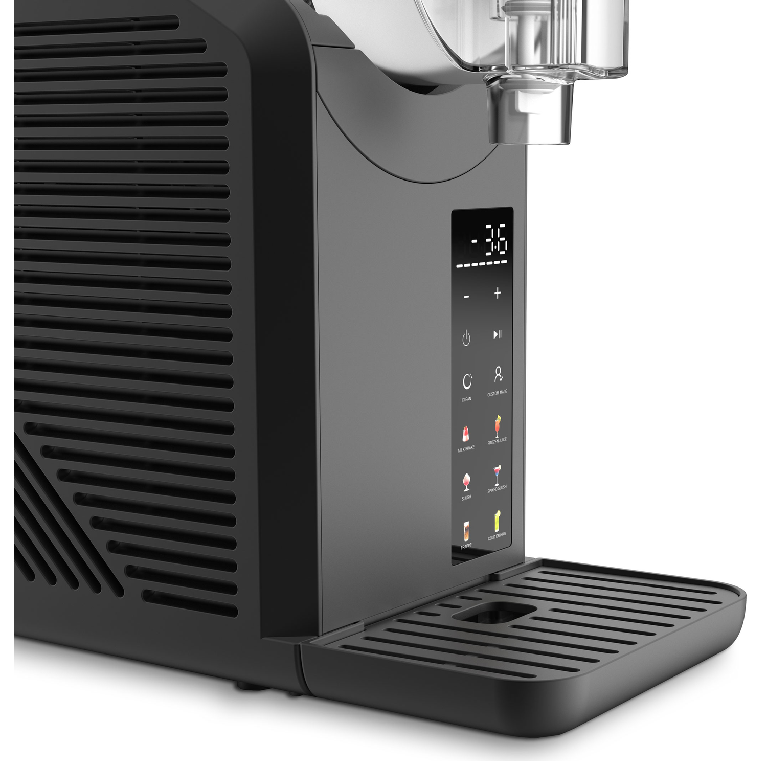 Black slush machine with digital display showing -36, buttons, and drink icons.