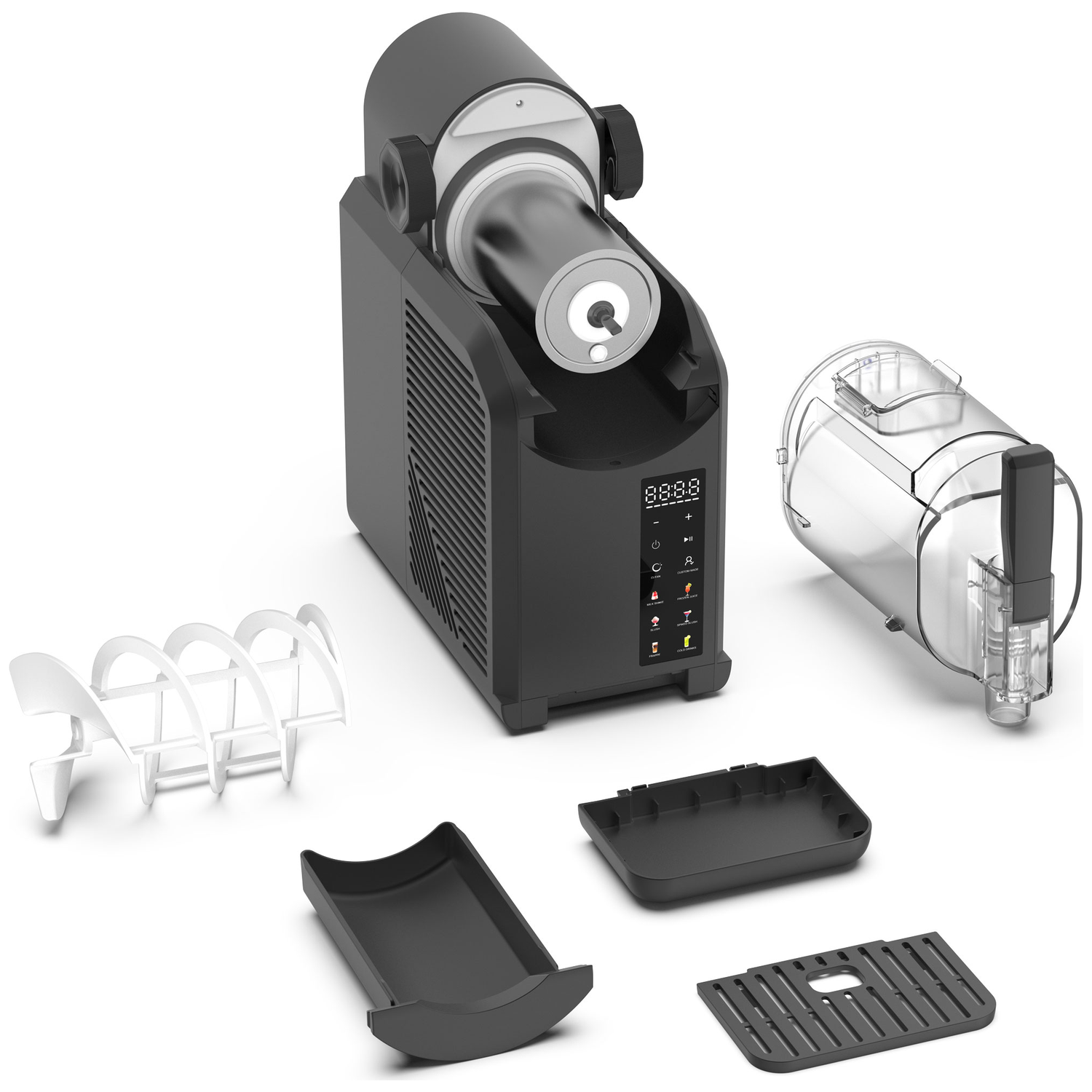 A black ice cream maker with accessories: a paddle, a container, and two black inserts.