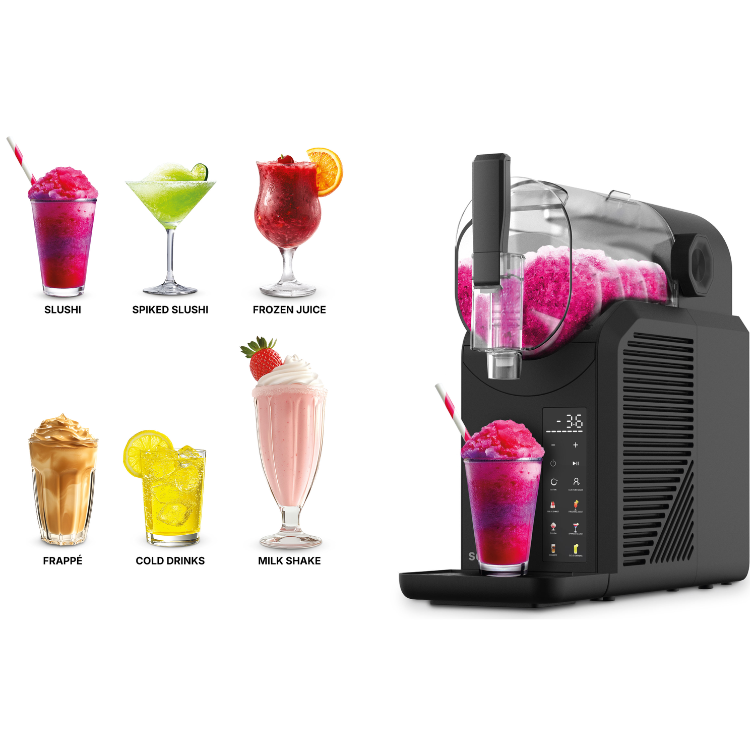 A slush machine with various drinks displayed beside it.