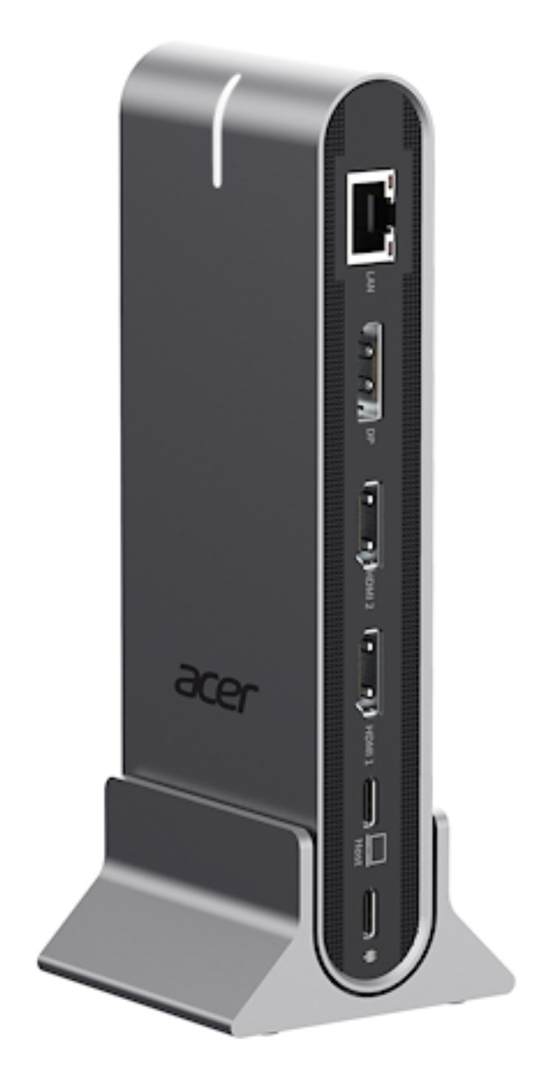 Una estación de acoplamiento Acer plateada con puertos LAN, DP, 2x HDMI, USB-C.
