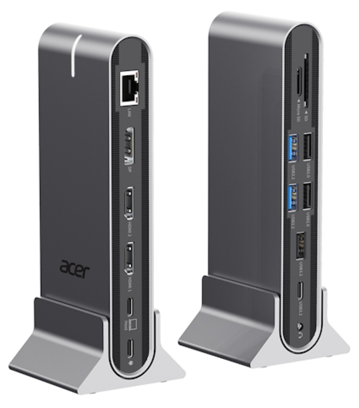 Dos estaciones de acoplamiento Acer grises con varios puertos, una al lado de la otra.