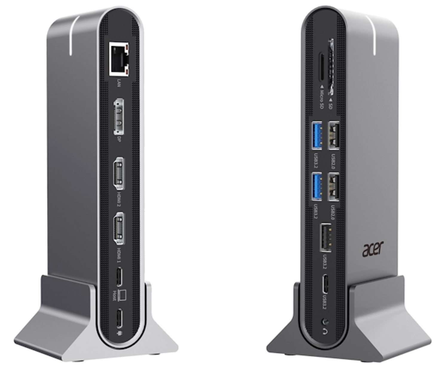 Estación de acoplamiento Acer gris con puertos: LAN, DP, 2x HDMI, Host, 4x USB 3.2, 2x USB 2.0, MicroSD.