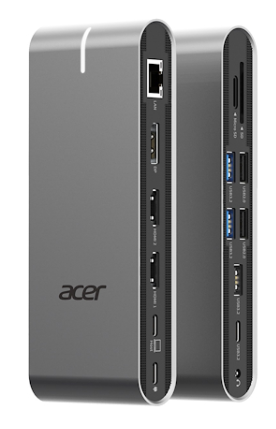 Estación de acoplamiento Acer plateada con puertos laterales: LAN, HDMI, USB, MicroSD.
