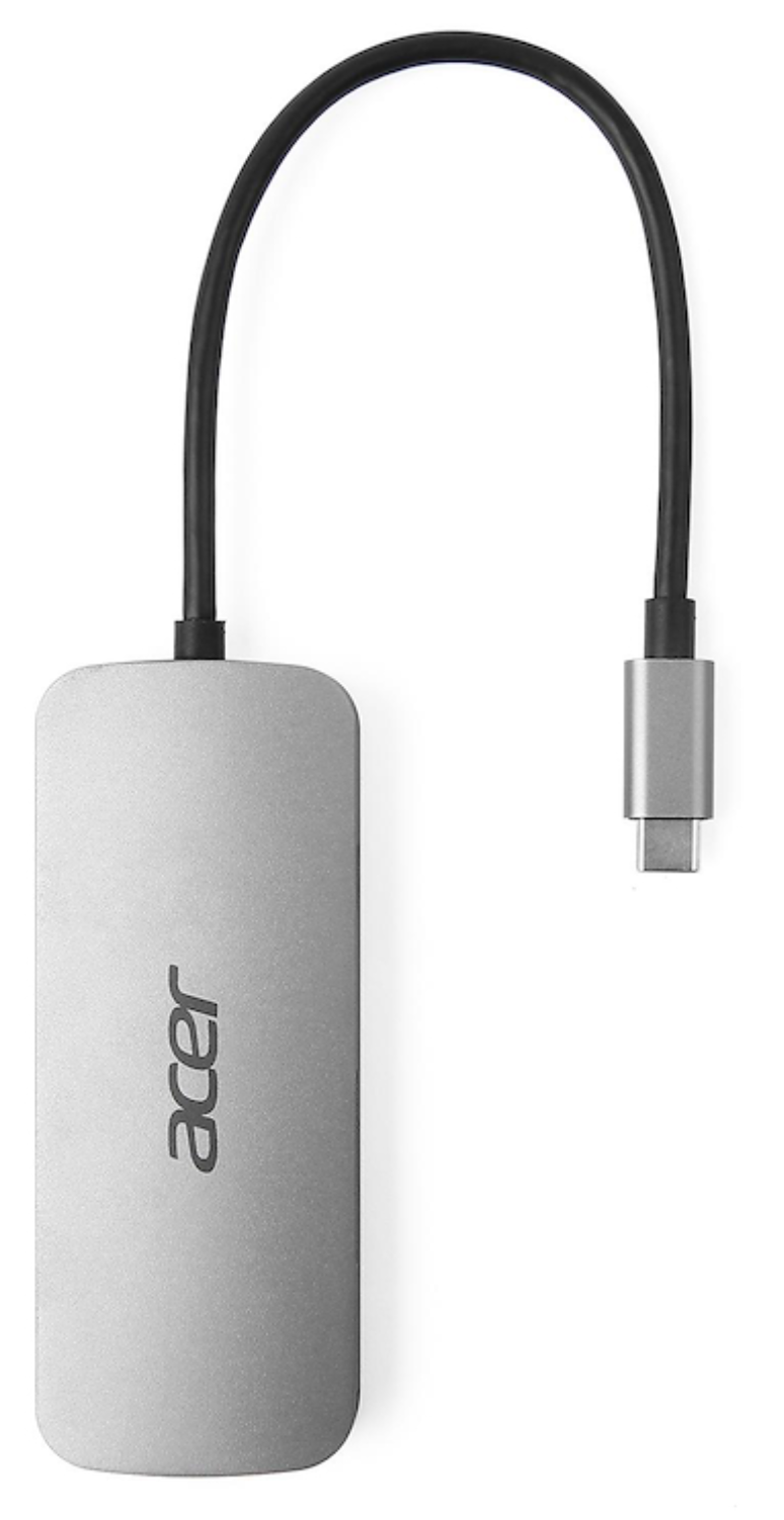 Un adaptador USB-C plateado de Acer con cable negro y conector plateado.