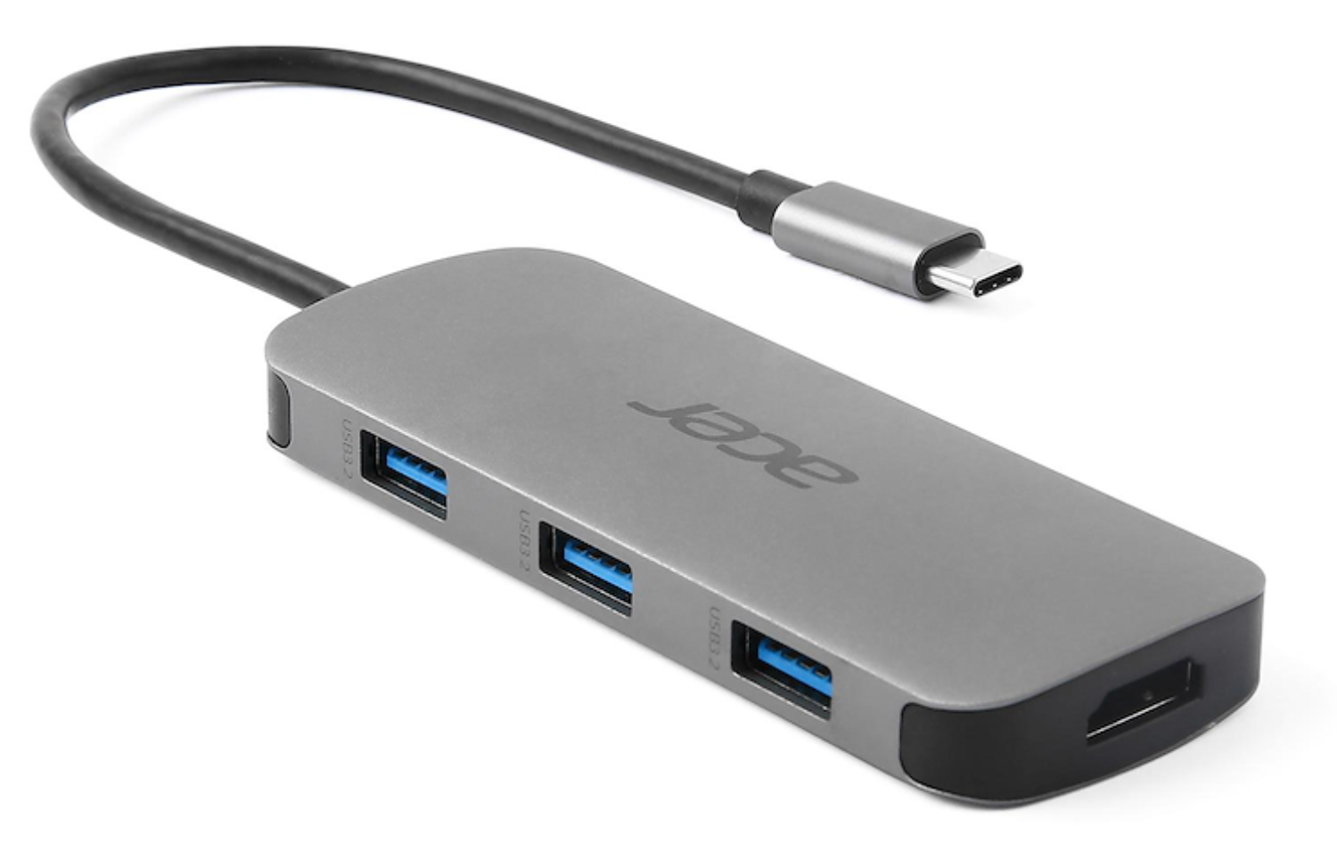 Hub USB-C Acer gris con HDMI y 3 puertos USB-A.
