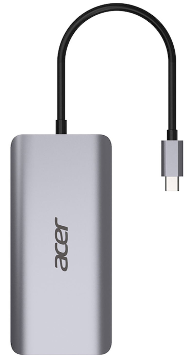 Un concentrador USB-C plateado de Acer con cable y conector negros.