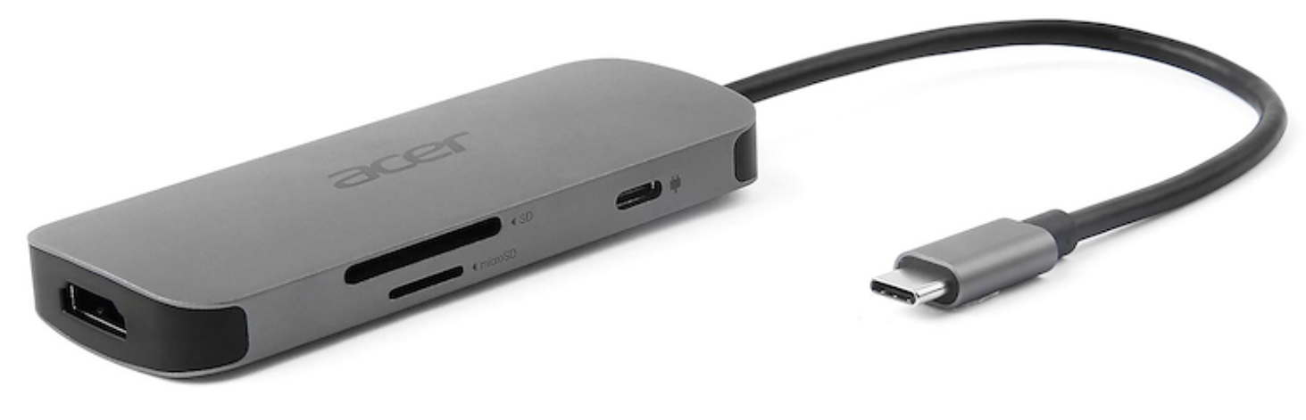 Un concentrador USB-C gris de Acer con puertos HDMI, SD y microSD.