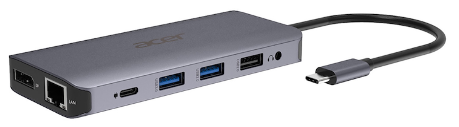Hub USB-C gris Acer con HDMI, LAN, puertos USB-A y conector de auriculares.
