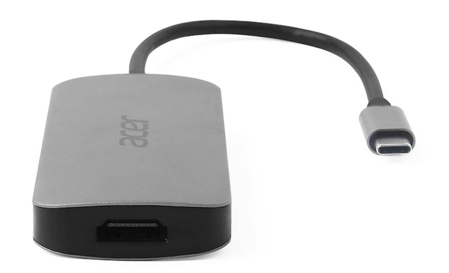 Un adaptador gris Acer con puertos HDMI y USB-C sobre fondo blanco.