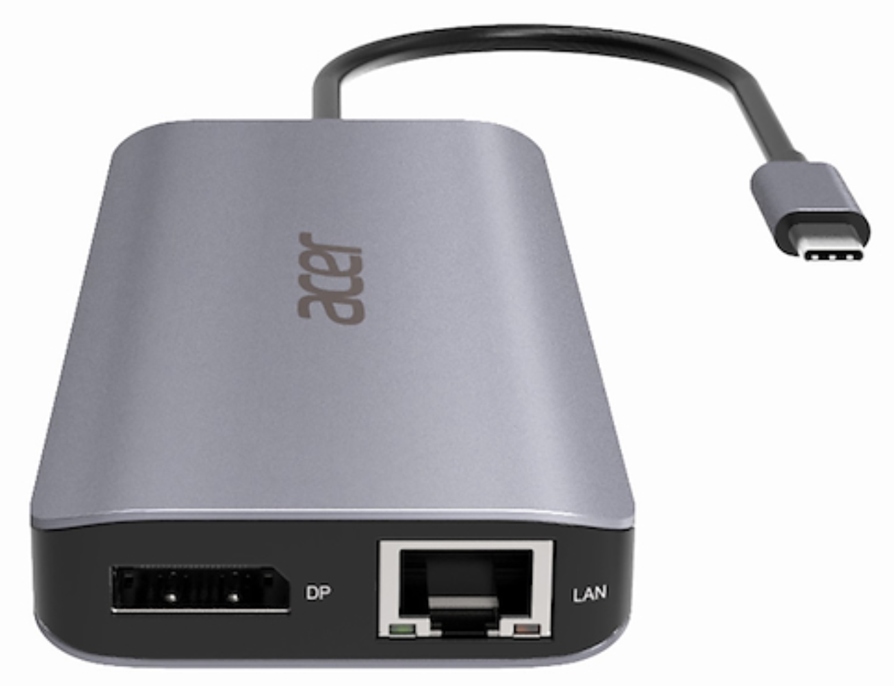 Hub USB-C gris Acer con puertos DP, LAN y cable