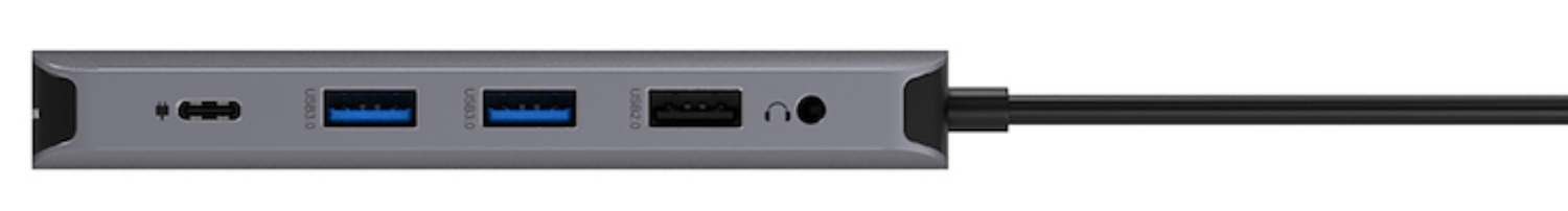 Hub USB-C gris con dos USB-A 3.0, un USB-A 2.0 y toma de auriculares.