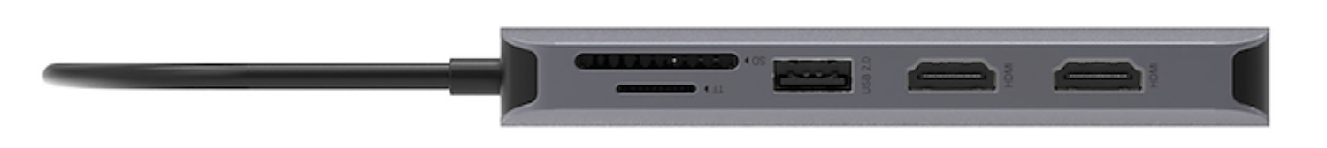 Adaptador gris con puertos SD/MicroSD, USB 2.0 y dos HDMI.