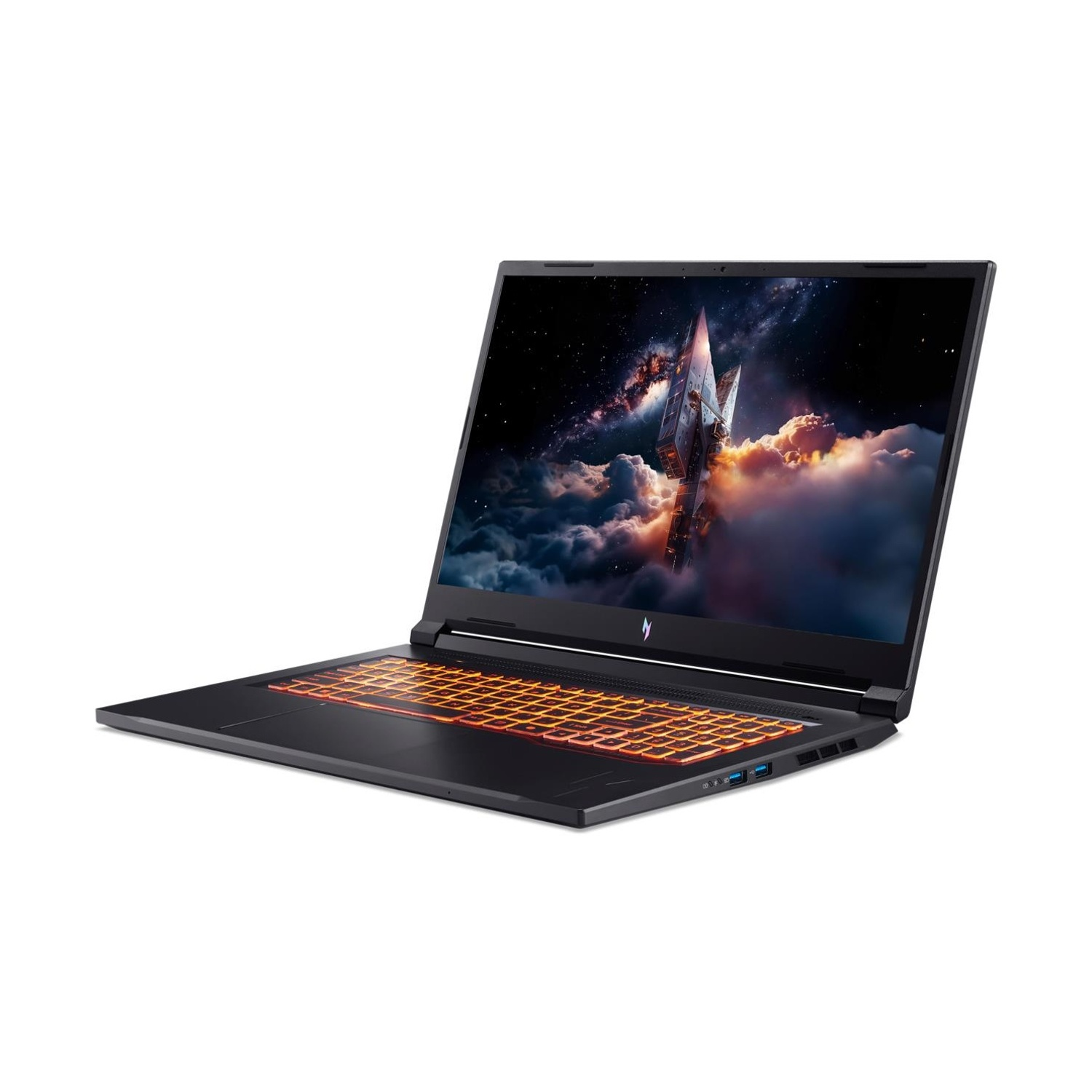 Laptop nero con tastiera arancione luminosa, mostra scena spaziale con razzo.