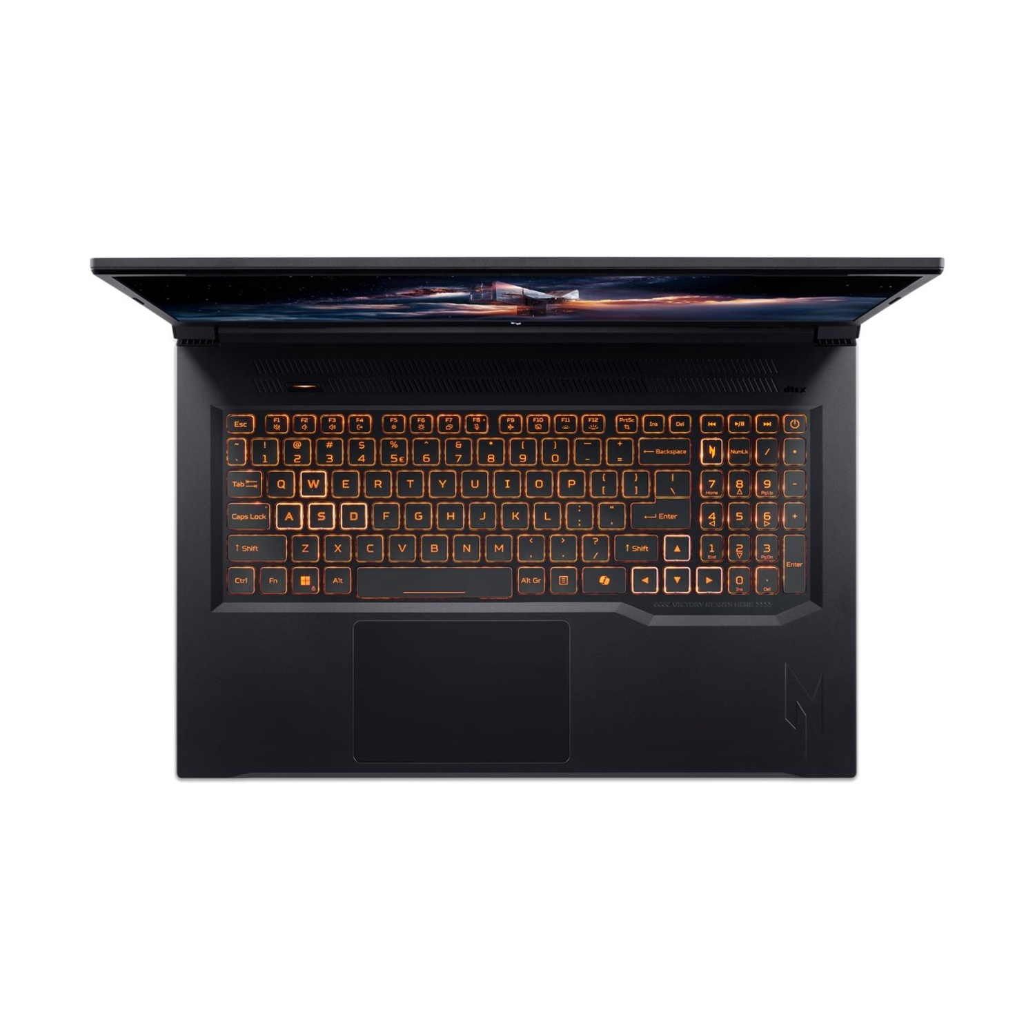 Un laptop nero aperto con tastiera retroilluminata e sfondo a tema spaziale.