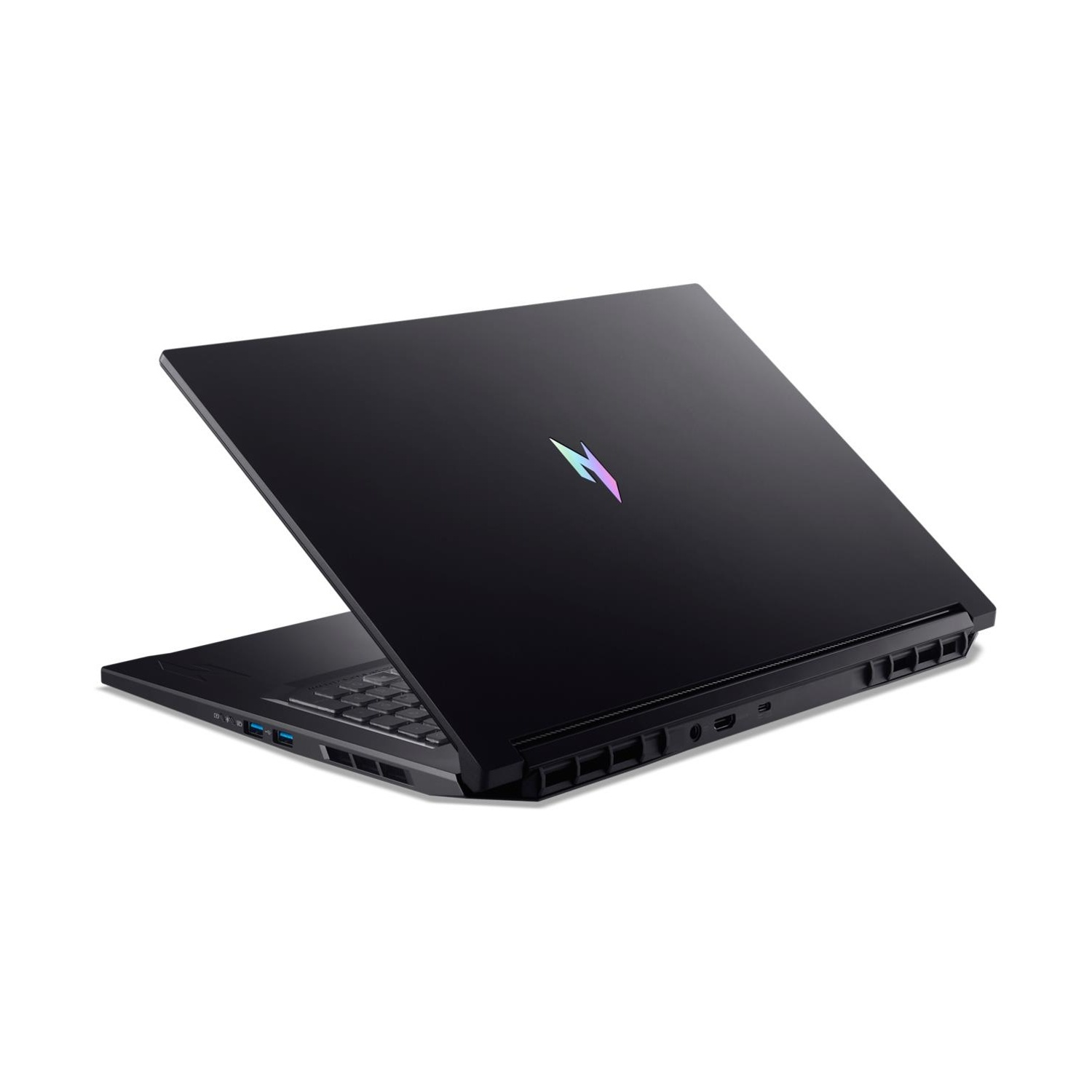 Laptop nero con logo illuminato sul coperchio, vista laterale.