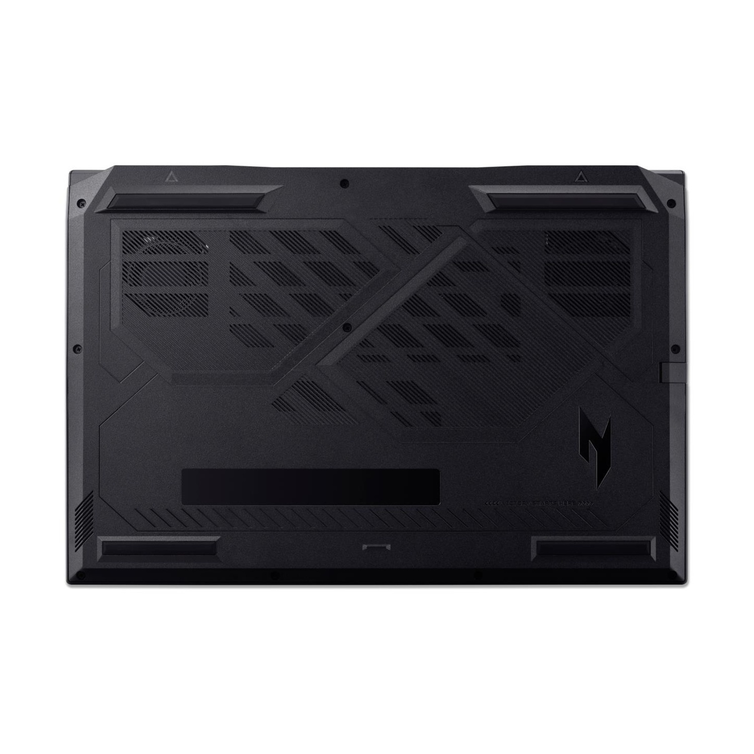 Parte inferiore di un laptop nero, con griglie di ventilazione e motivi geometrici.
