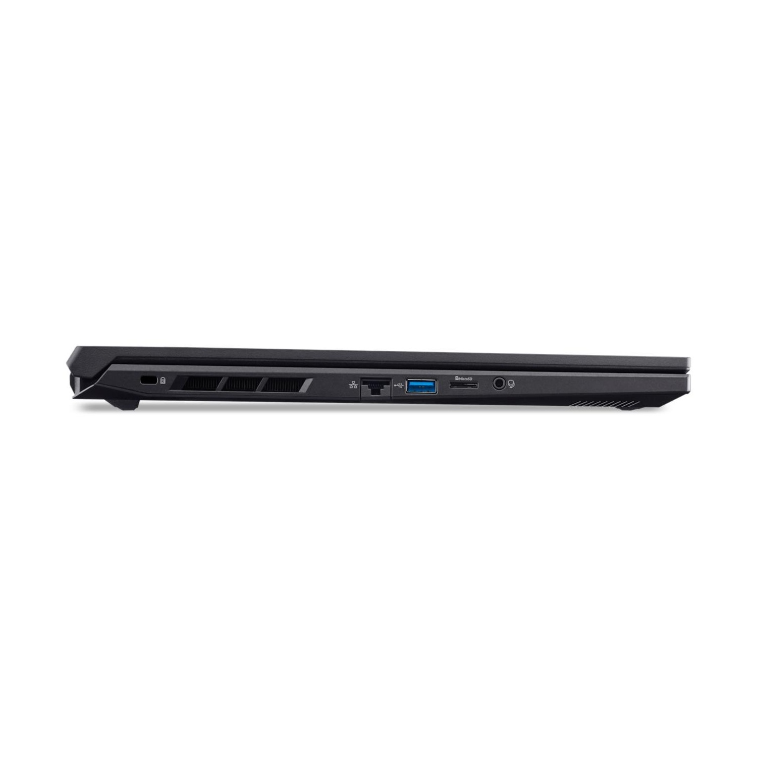 Vista laterale di un laptop nero che mostra le porte: USB, MicroSD, audio.