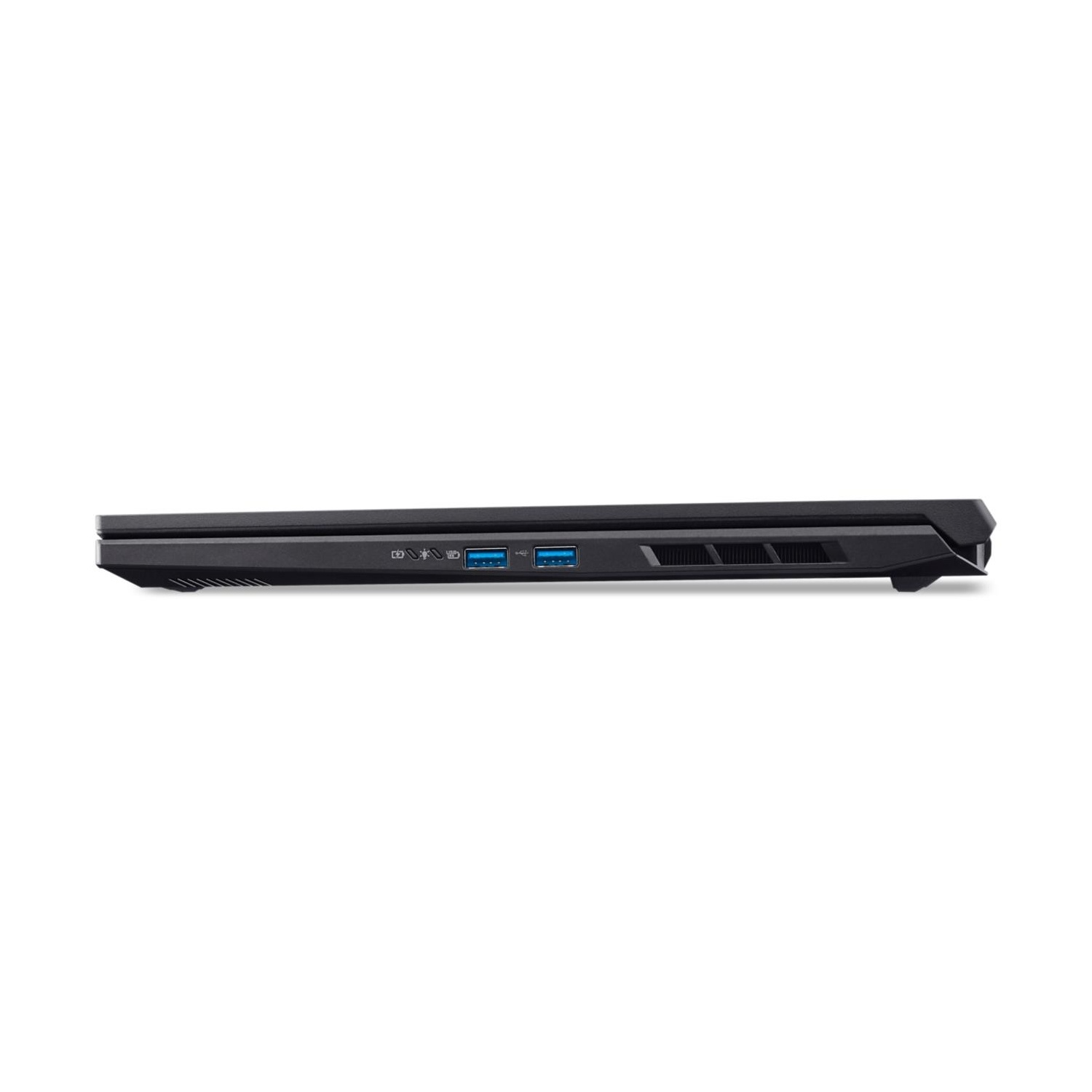 Lato del laptop nero con porte USB e fessure di ventilazione.