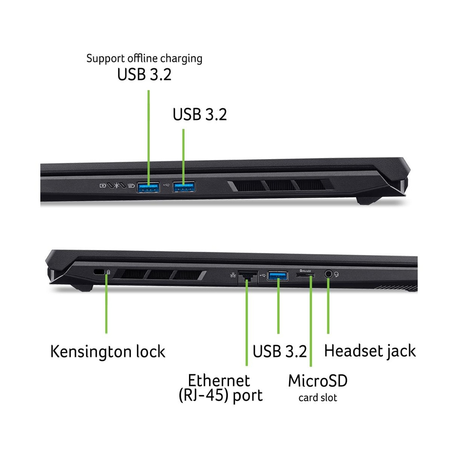 Vista laterale di un laptop che mostra USB 3.2, Ethernet, Kensington lock e jack per cuffie.
