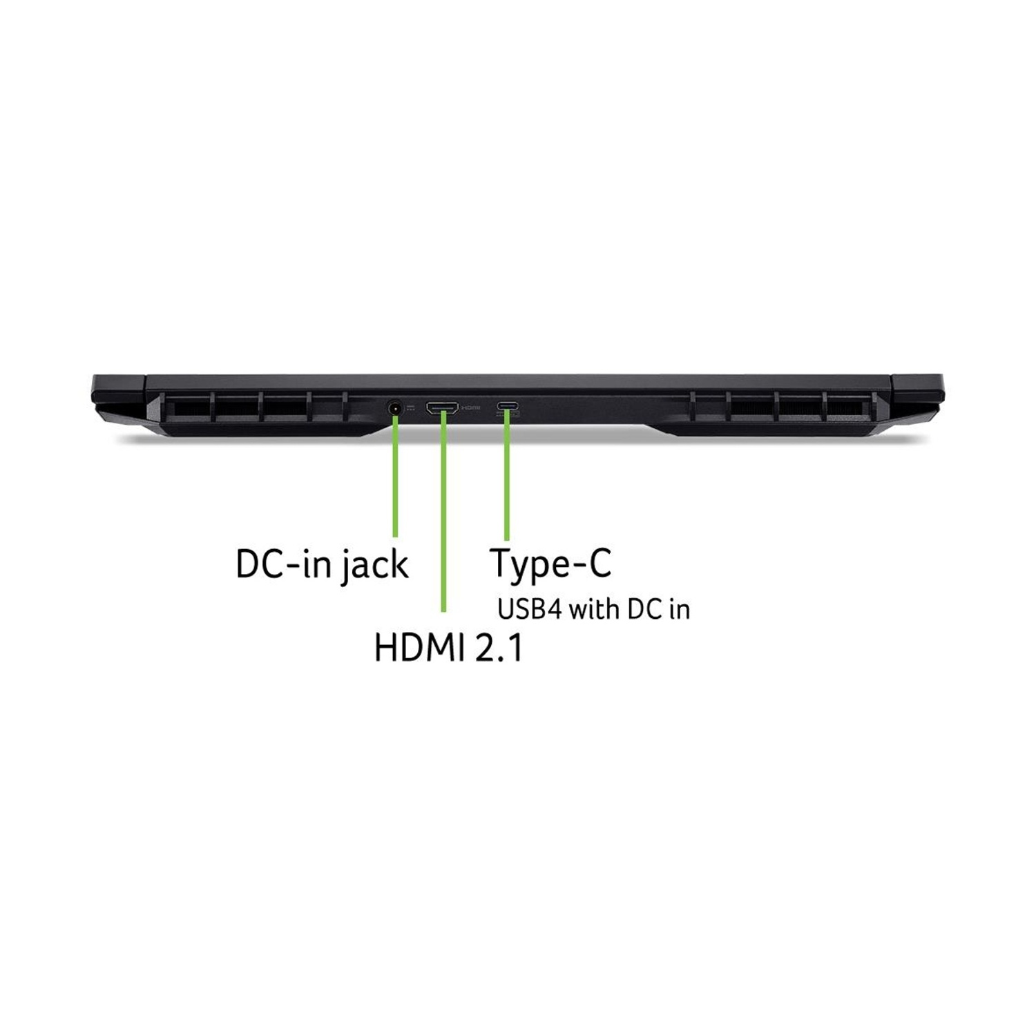 Lato laptop con porte: jack DC-in, HDMI 2.1, USB4 Type-C con DC in.