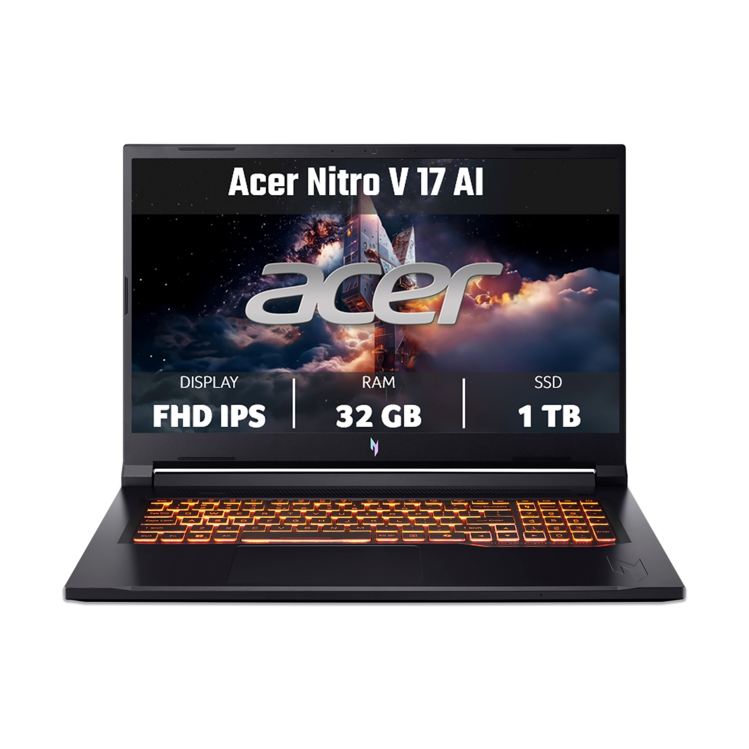 Laptop nero Acer Nitro V 17 AI con tastiera retroilluminata.