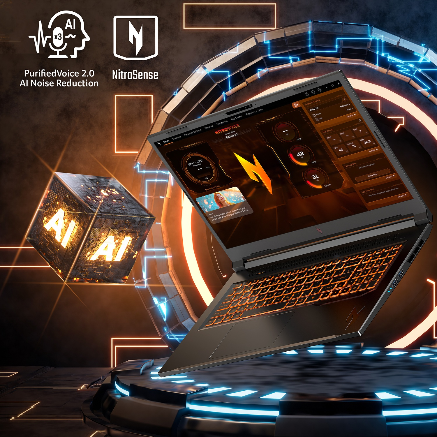 Un laptop con tastiera illuminata e grafica AI si erge su un palco futuristico.