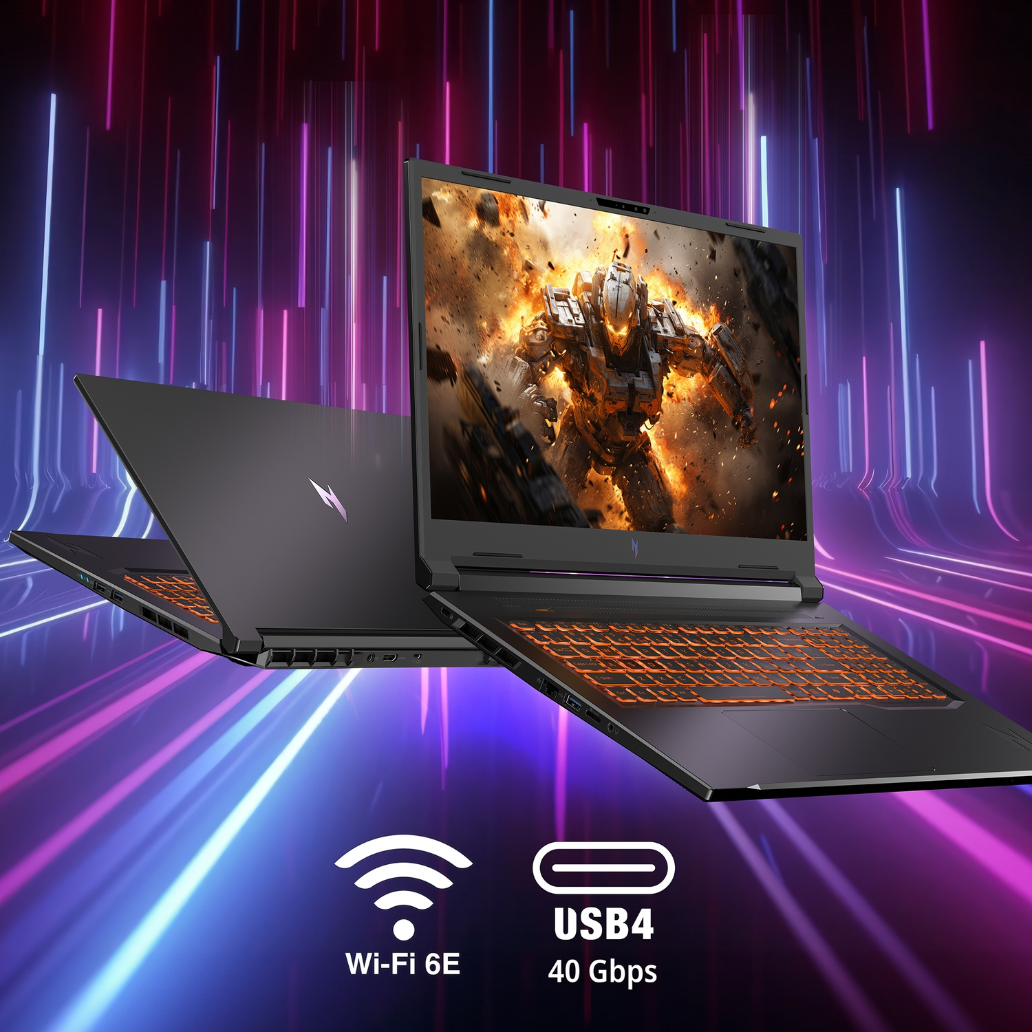 Un laptop da gaming con tastiera retroilluminata, mostra un robot sullo schermo. Sfondo con luci al neon.