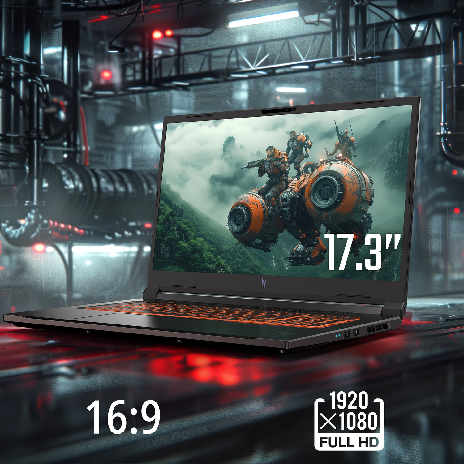 Un laptop nero mostra una scena sci-fi con figure corazzate su un veicolo arancione.
