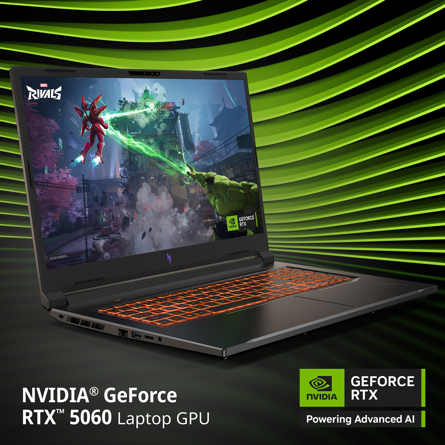 Un laptop mostra un gioco con Iron Man e Hulk. Sfondo: linee verdi.