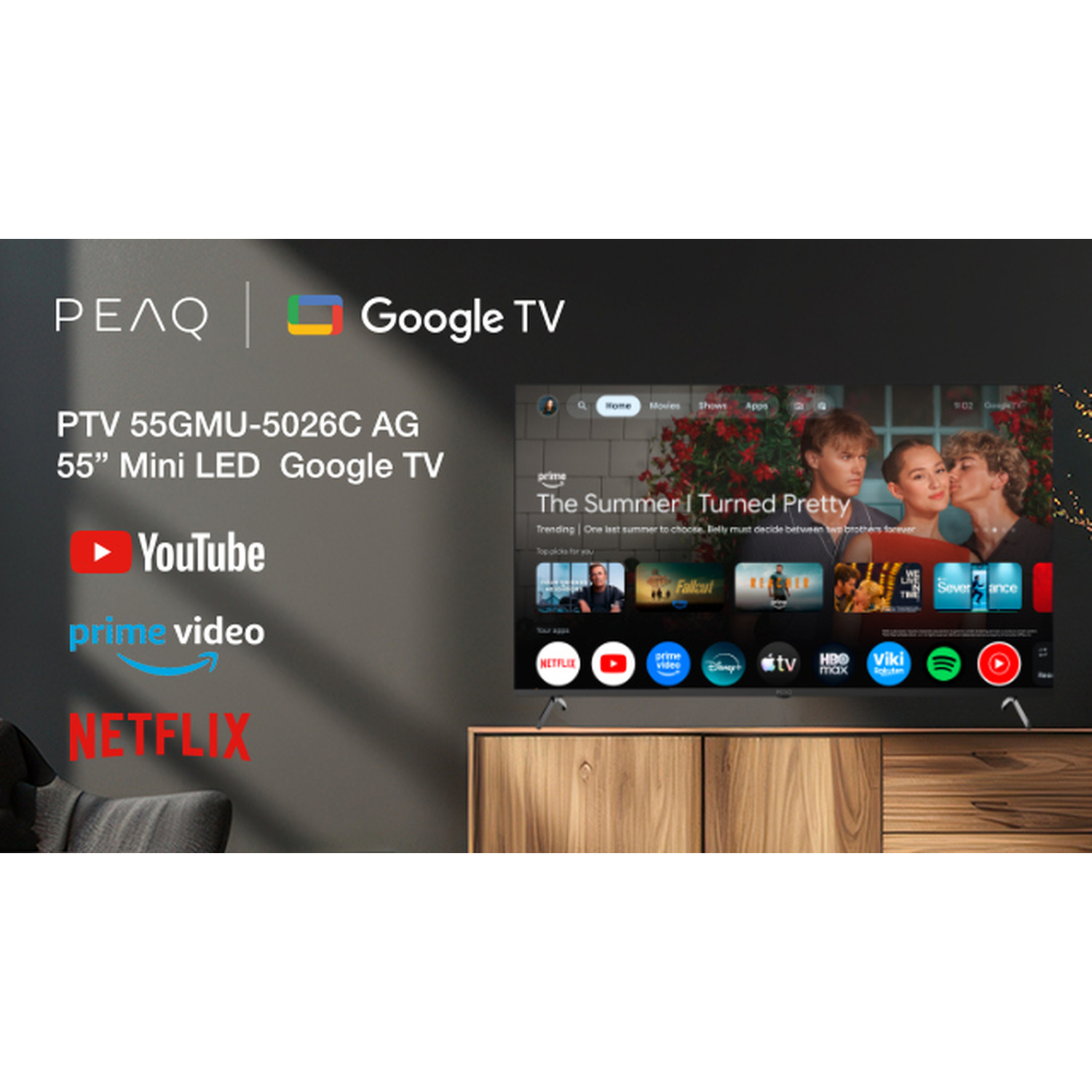 PEAQ Google TV con app come Netflix, YouTube e Prime Video su schermo Mini LED da 55 pollici.
