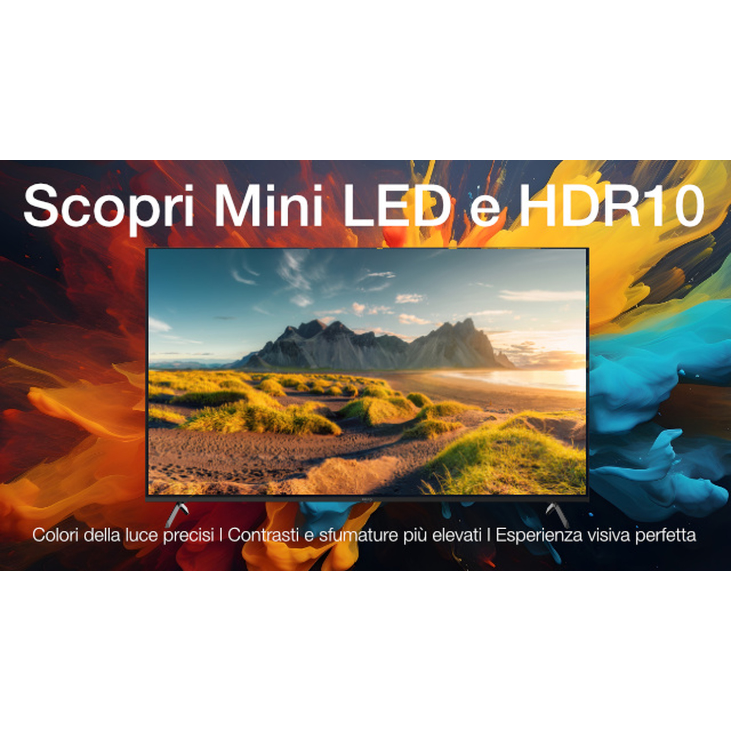 Testo con paesaggio montano e "Scopri Mini LED e HDR10".