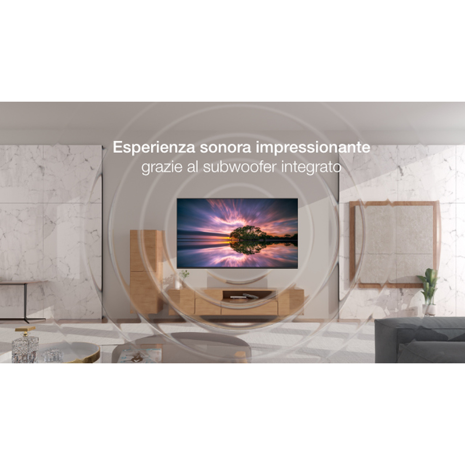 Soggiorno moderno con TV che mostra un tramonto e onde sonore.