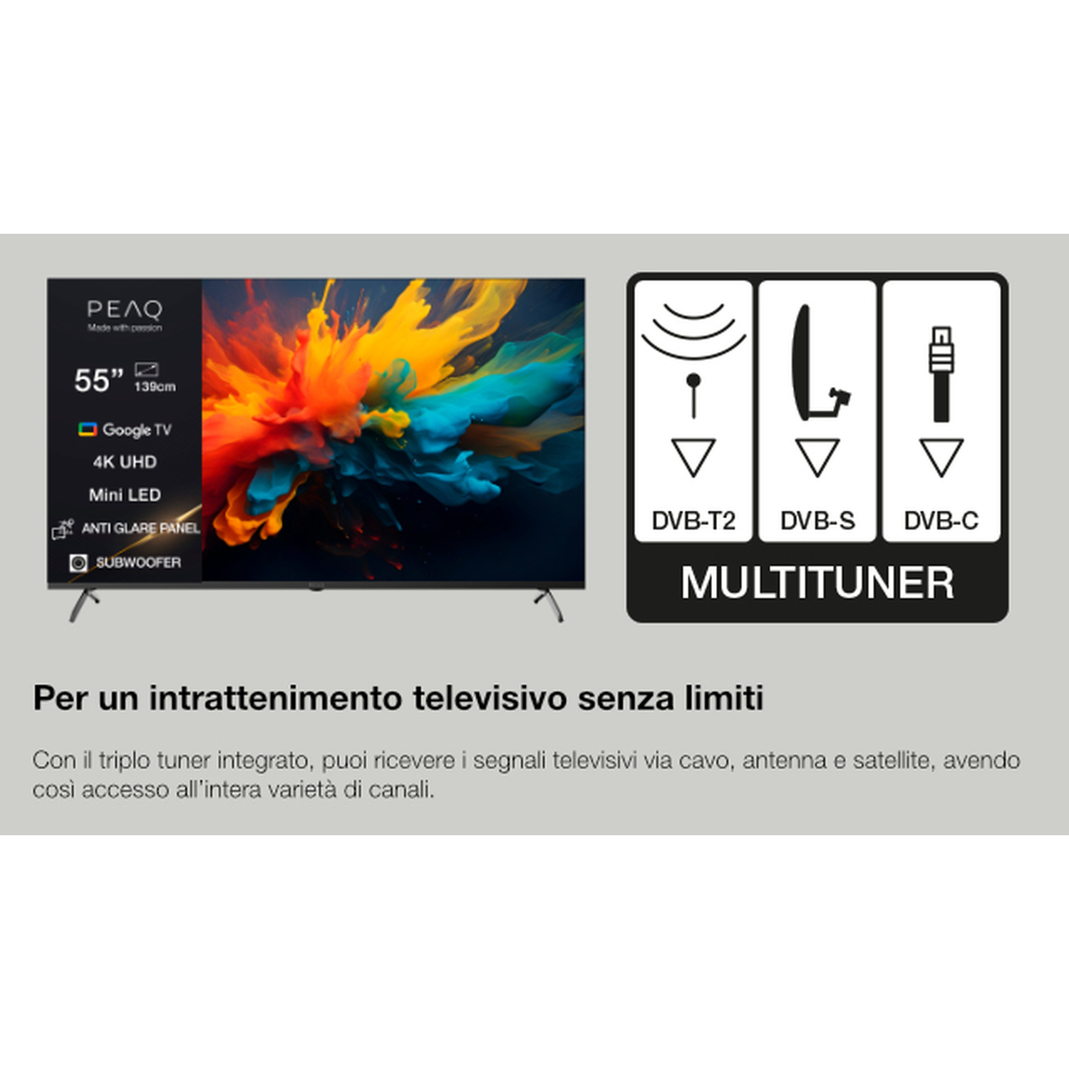 TV PEAQ 55" 4K UHD, Mini-LED, Google TV, Multituner, con immagine vibrante.