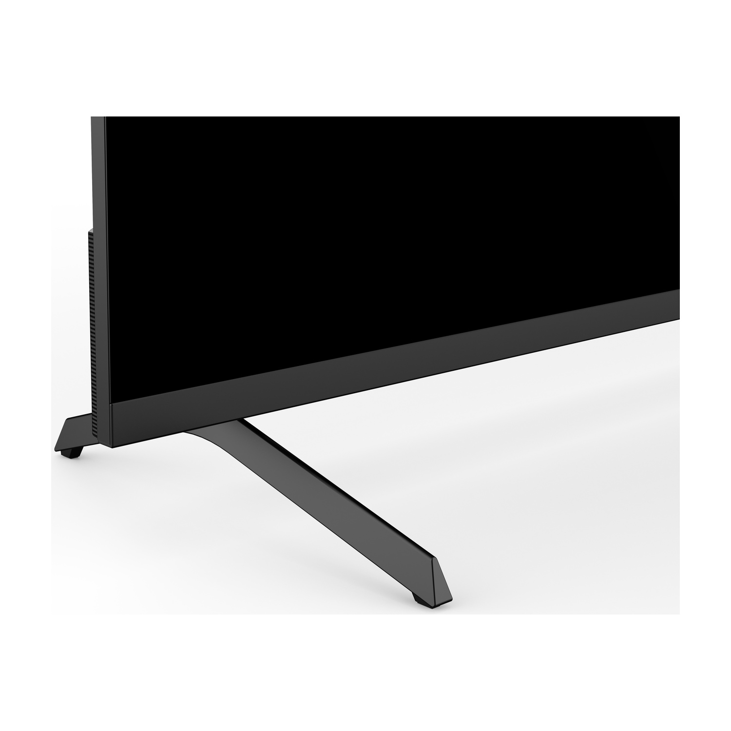 Un televisore nero con un elegante supporto in metallo su sfondo bianco.