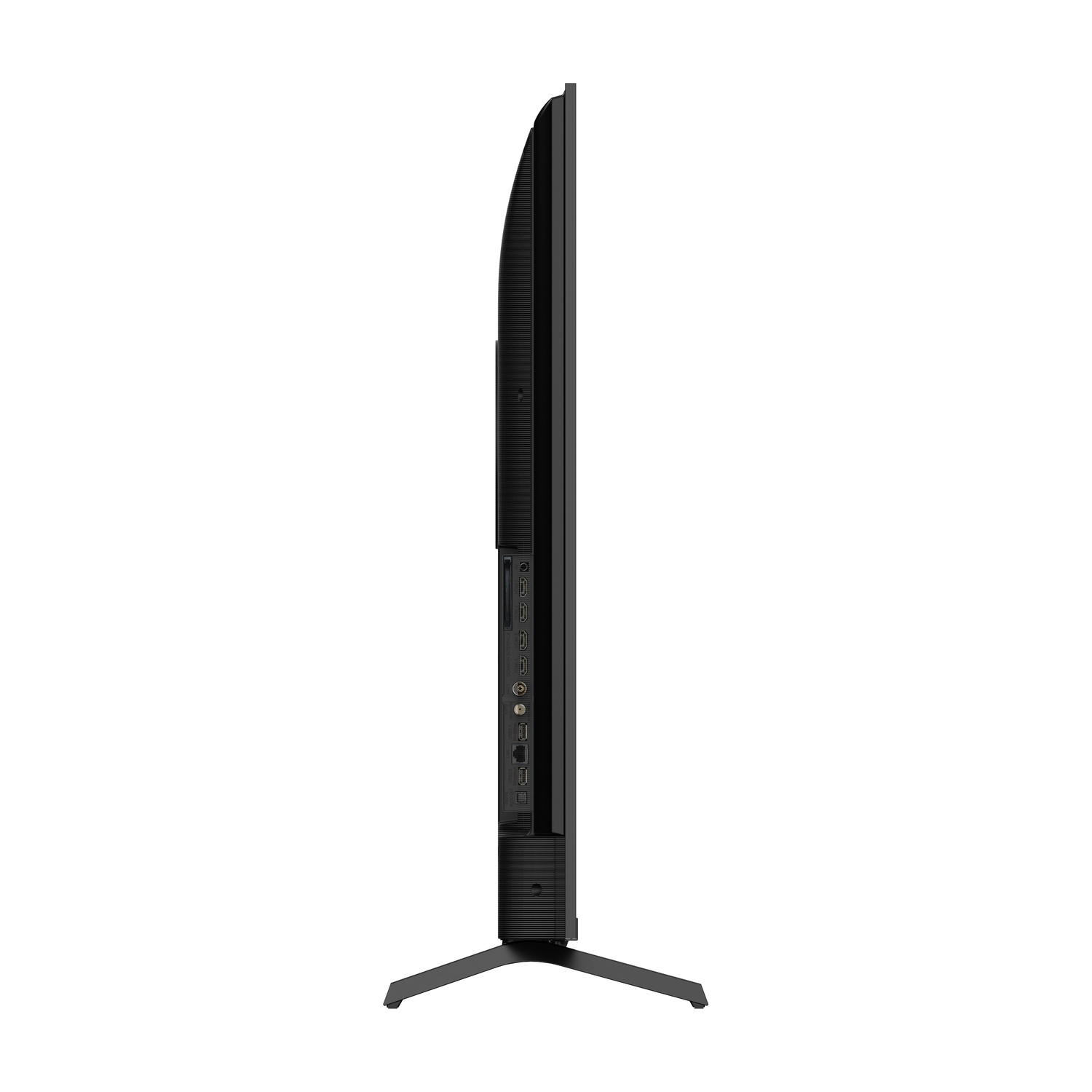 Vista laterale di un televisore nero sottile con porte sul lato e supporto nero.