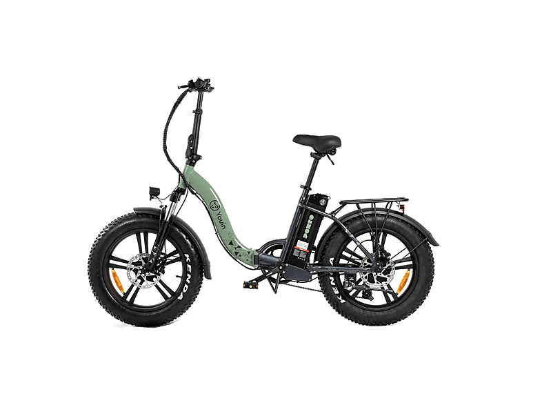 Bicicleta plegable - Youin Porto II, 250 W, 25 km/h, 45 km, Ruedas 20" FAT, Disco delantero y trasero, Negro/Verde