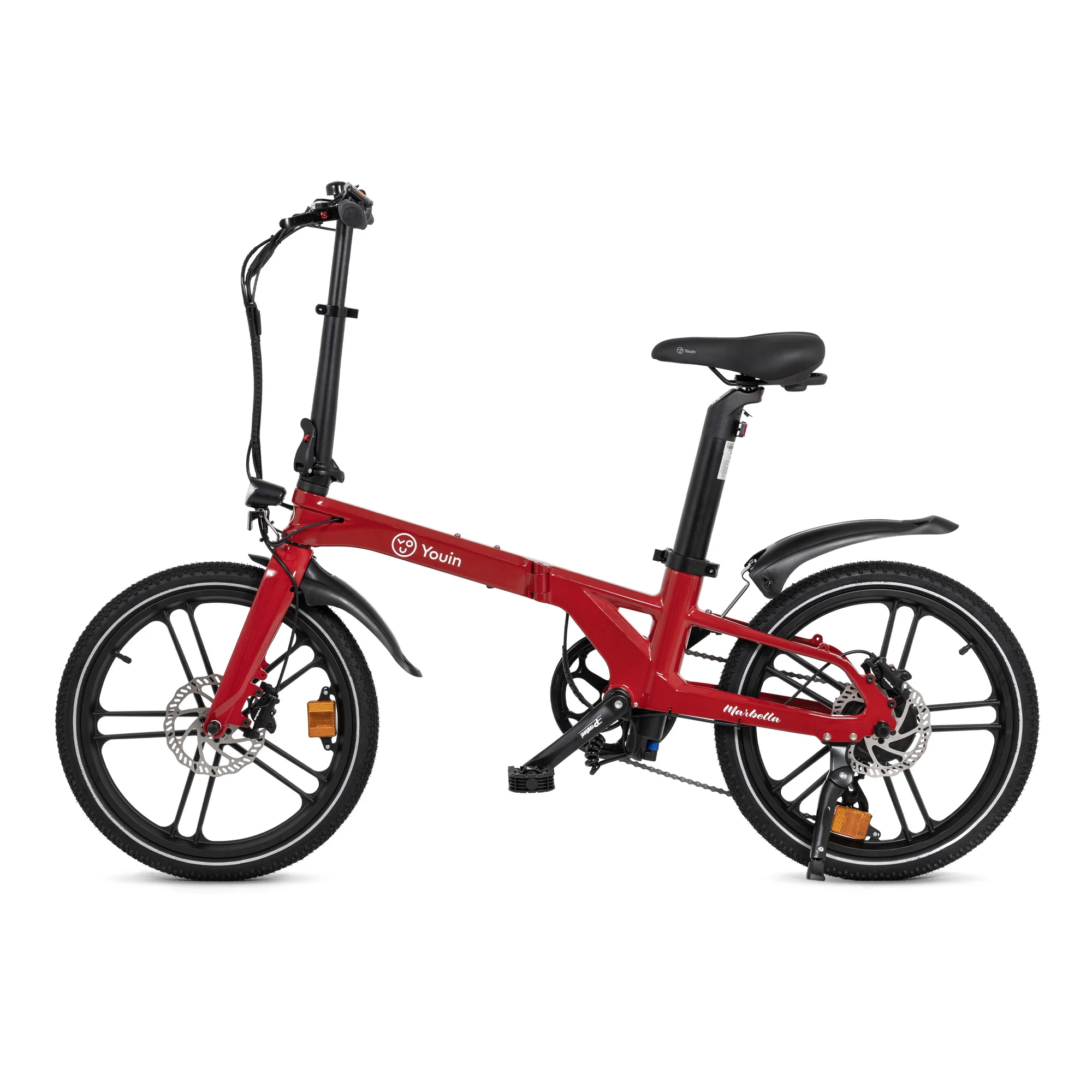 Una bicicleta eléctrica plegable roja con ruedas y sillín negros.