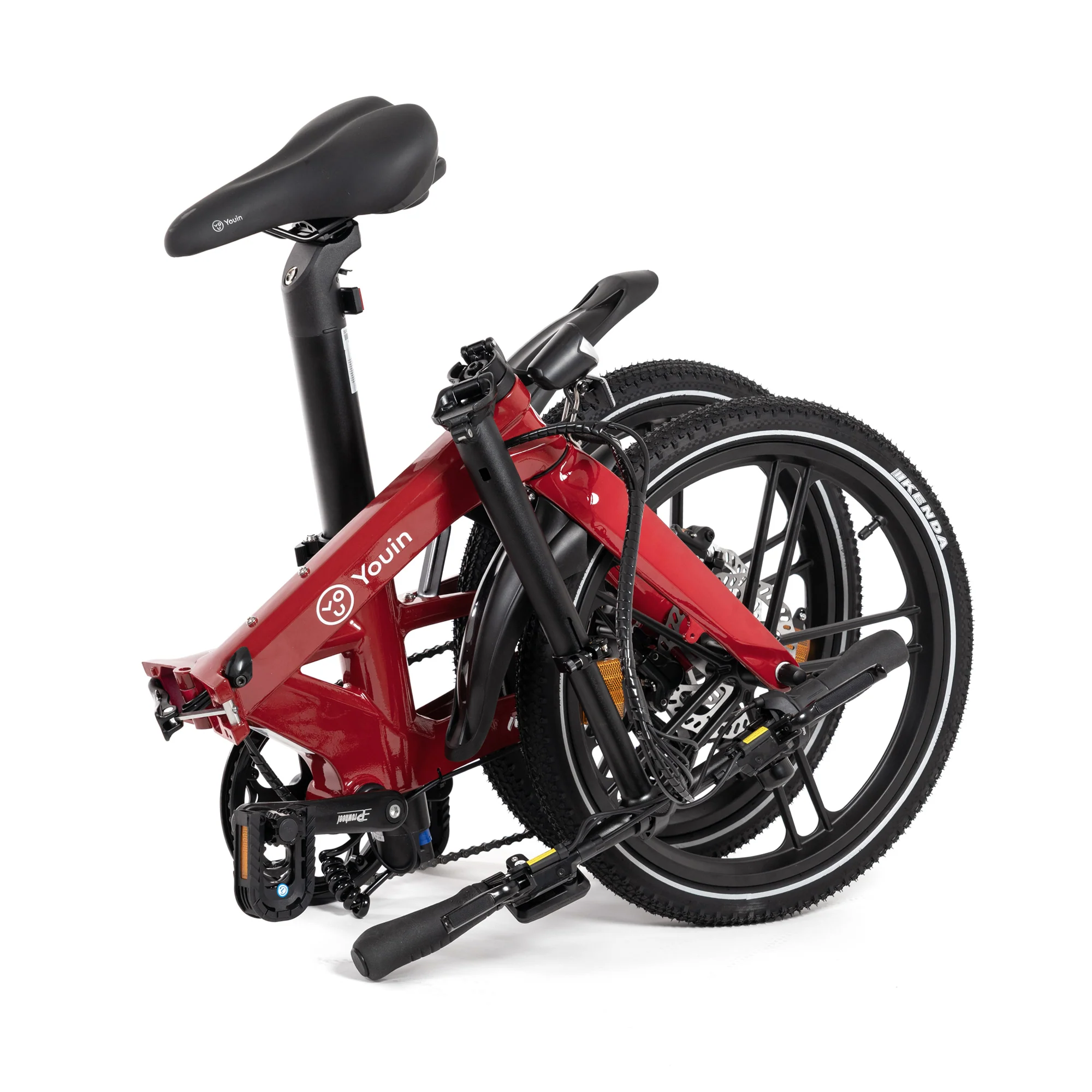 Una bicicleta roja plegada con asiento y ruedas negras.