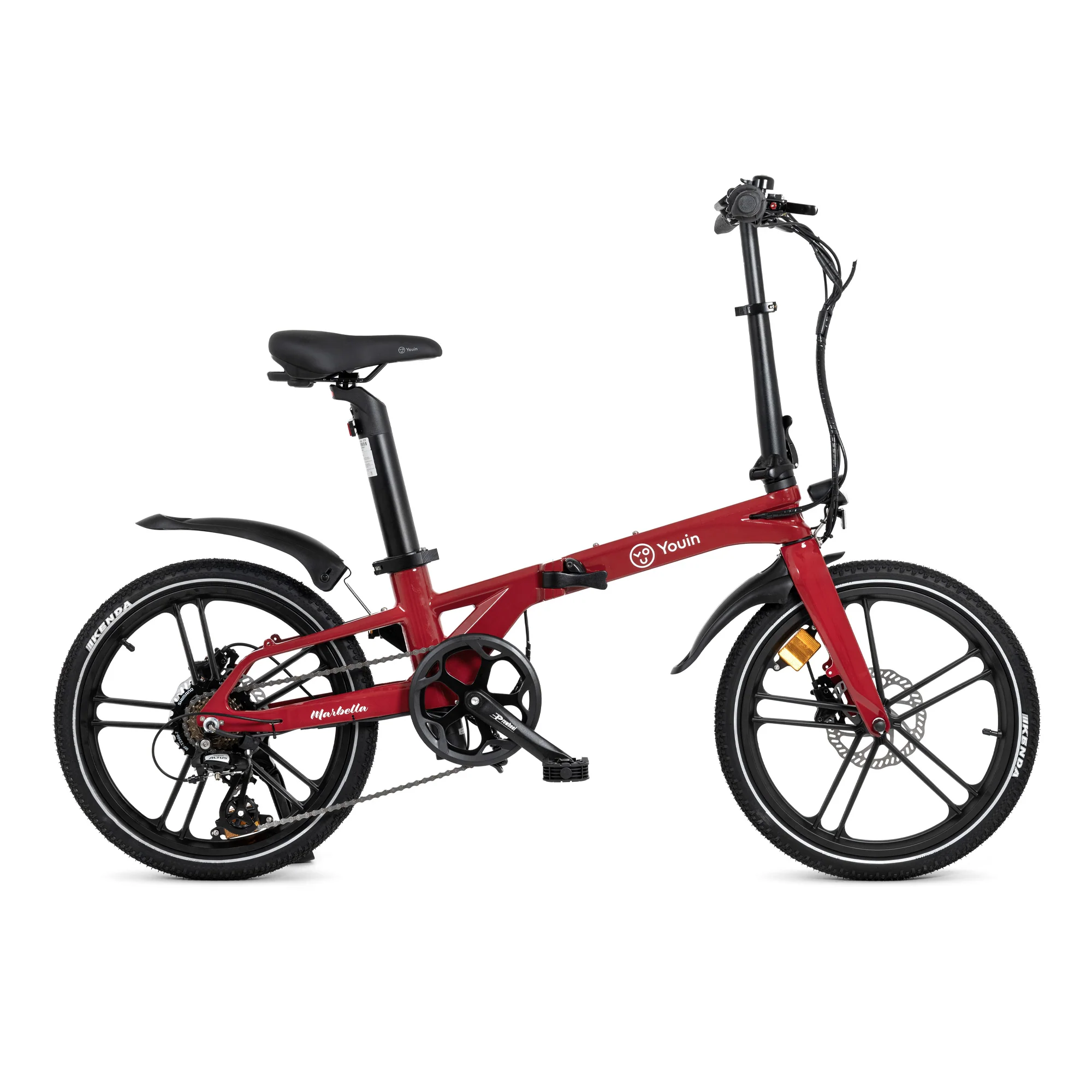 Una bicicleta eléctrica plegable roja con ruedas y guardabarros negros.