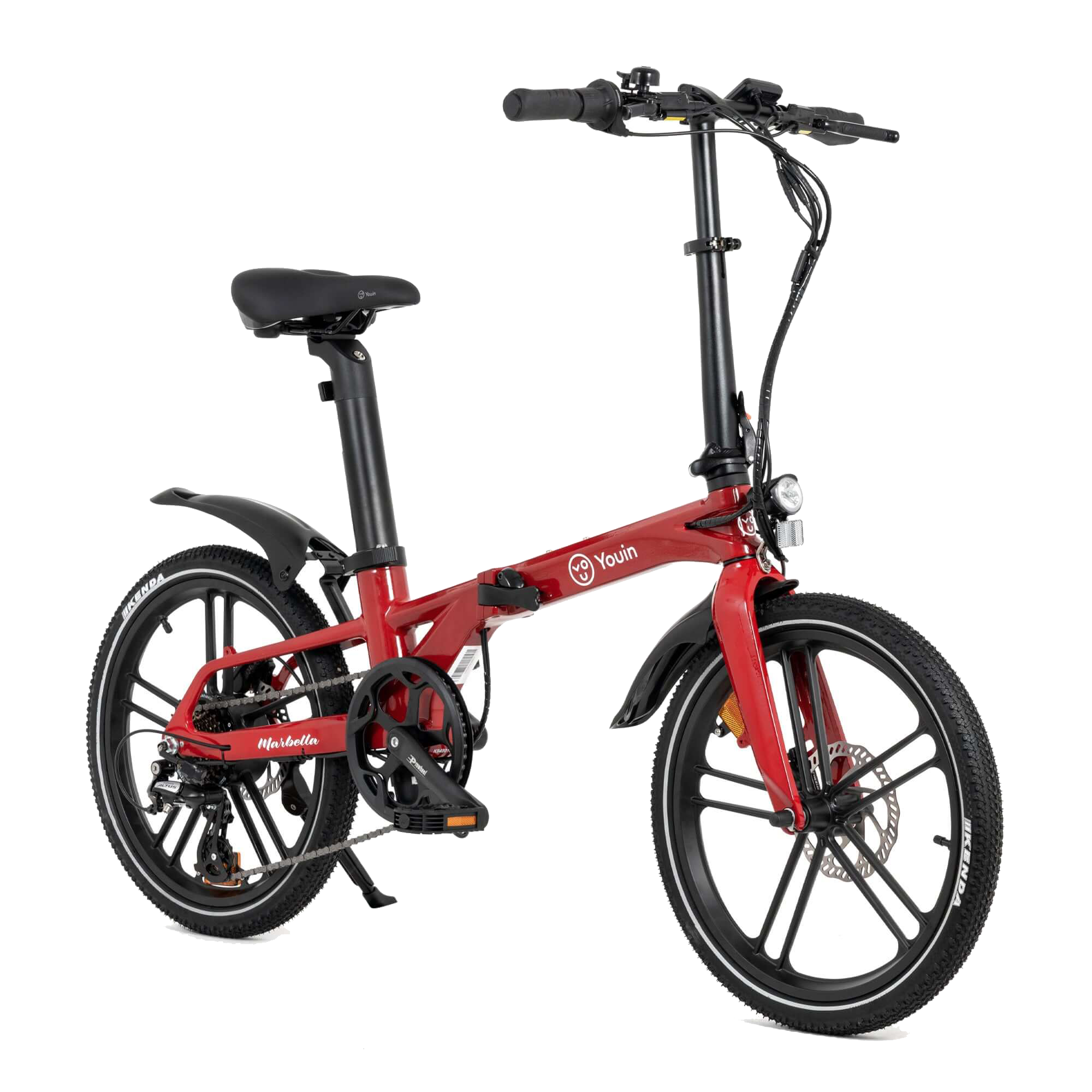 Una bicicleta plegable roja con ruedas y guardabarros negros, sobre fondo negro.